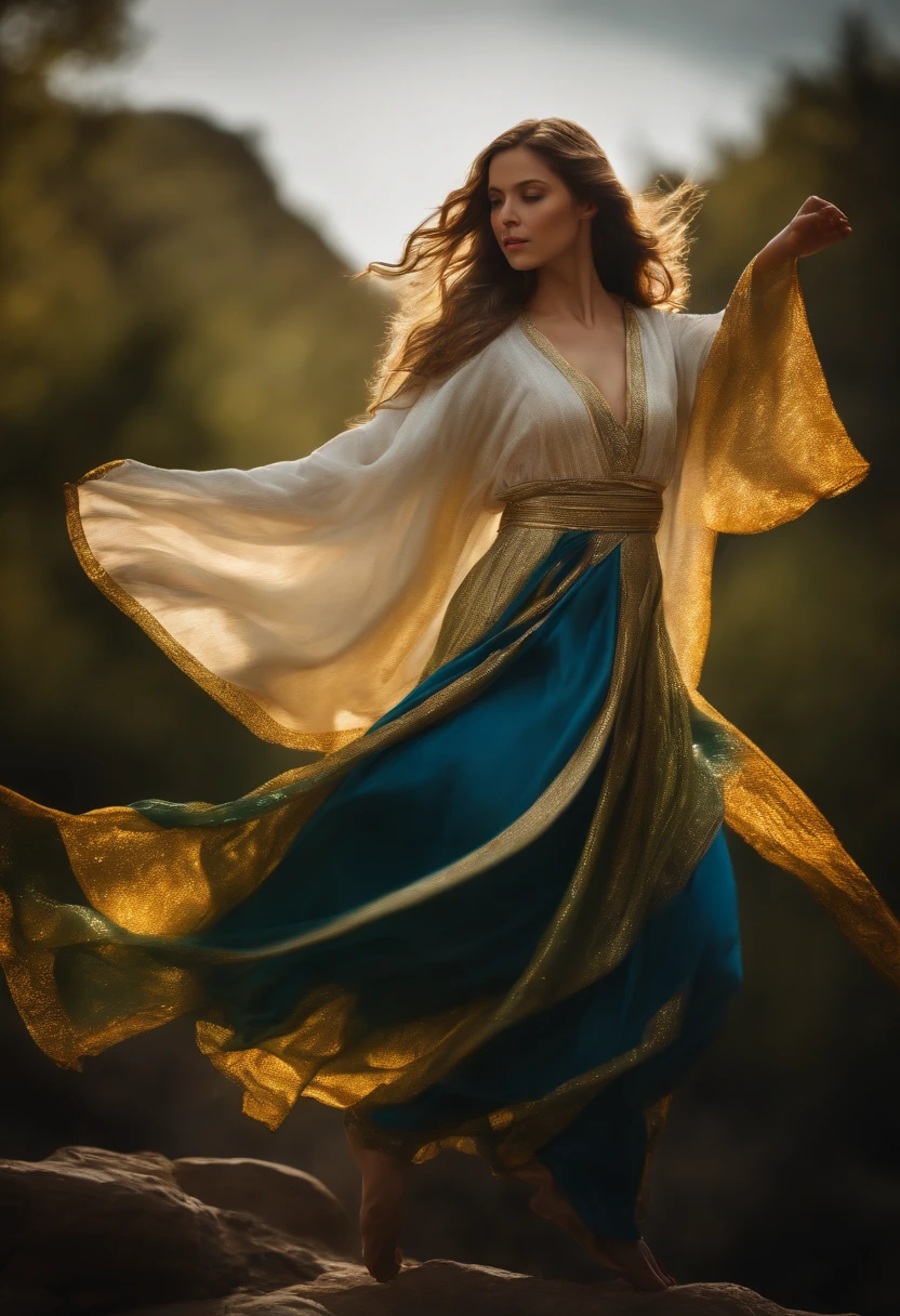 Masterpiece, best quality, realistic, (1 girl: 1.3), blue gold white clothes, shawl long hair, jump, leap, dance, green gold white clothes, long skirt, long scarf, flowing, light armor, snow white skin, bare shoulders, full body, (from below:1.5), martial arts, dynamics, flames, particles