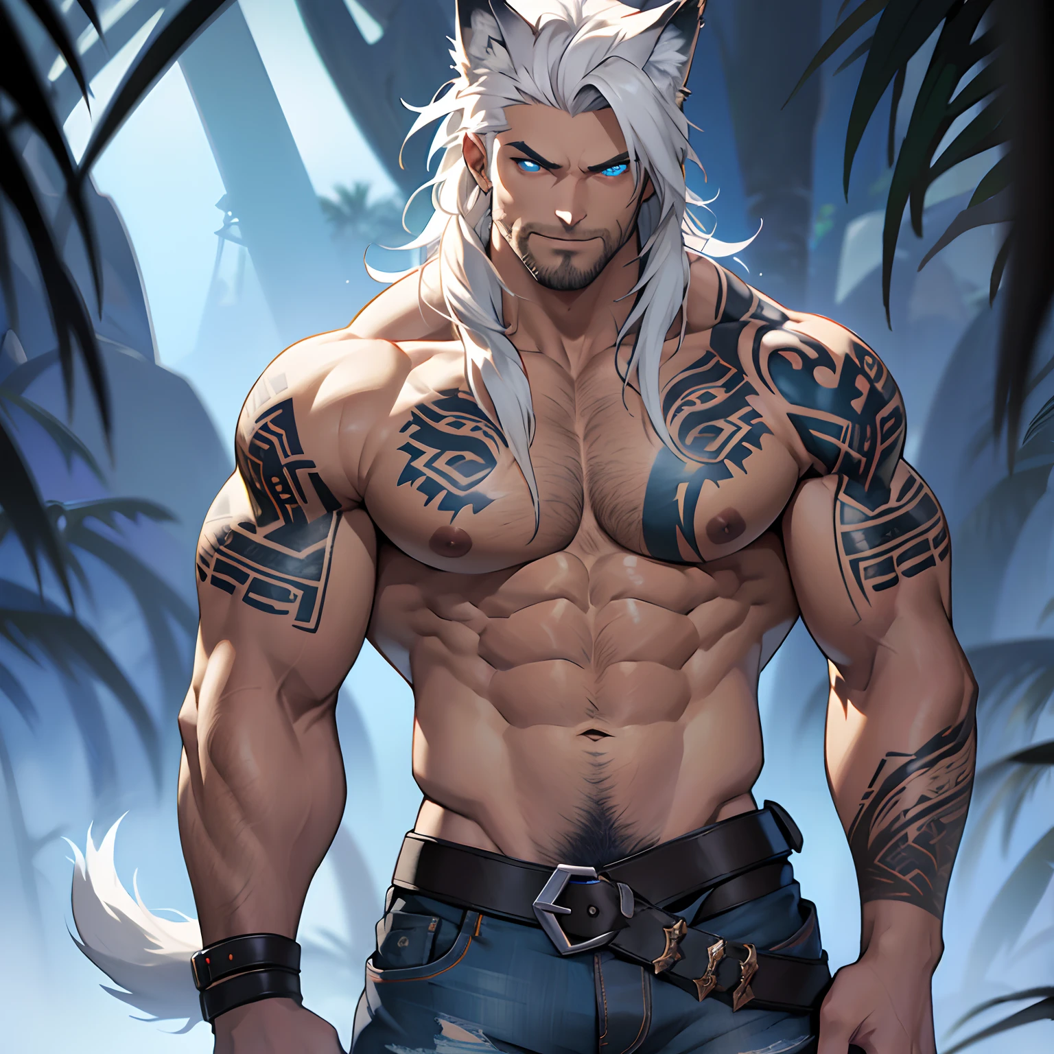 Muscular shirtless male wearing just a pair of torn jeans, has long white hair, has wolf ears, has glowing blue eyes, has light beard stubble, has wolf tail, solo, alone, (SOLO)(ALONE) shirtless, no shirt, (SHIRTLESS)(NO SHIRT), flexing, mystic backround, covered in tribal tattoos, wearing leather belt