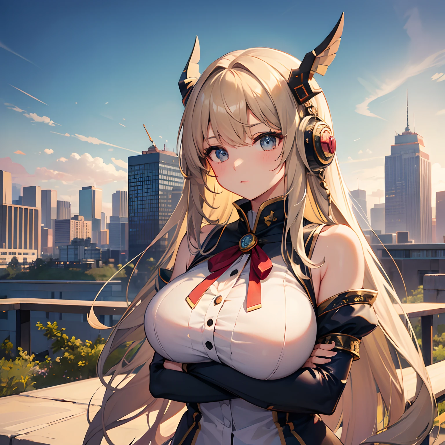(masterpiece, best quality:1.2), intricate details, 1girl,sky striker ace raye,cityscape ,blue eyes,Blond hair, black headdress.Dark brown tie,standing on the roof of a building,raining,stars,night,cleavage,narrow bust,frontal view,(mature female:1.2),huge breasts