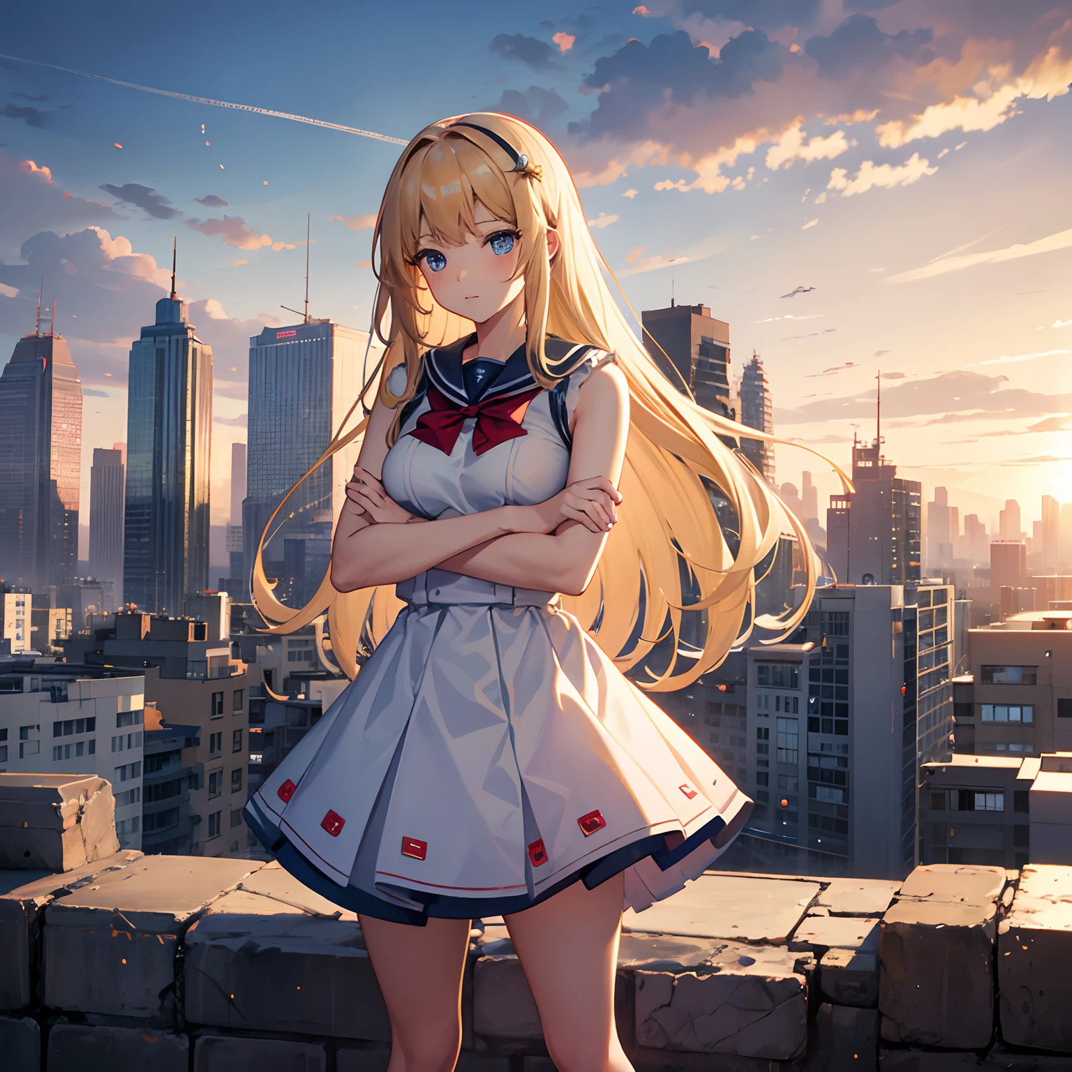finest image, detailed and delicate depiction, giant, cute high school girl, arms folded, destroyed cityscape