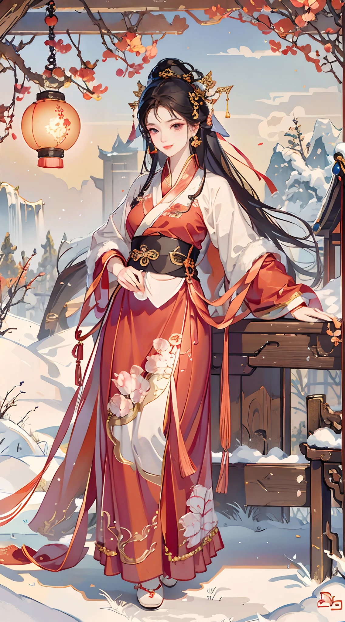 Chinese Ancient Times,Tavern hostess,Owner's,red color Hanfu,Beautiful hair accessories,standing on your feet,frontage,looking toward the viewer,full bodyesbian,Dignified standing,ssmile,Wind and snow scenes,Bigchest,Bare thighs,Full-figured,An expression of loss。The background is a luxurious ancient city