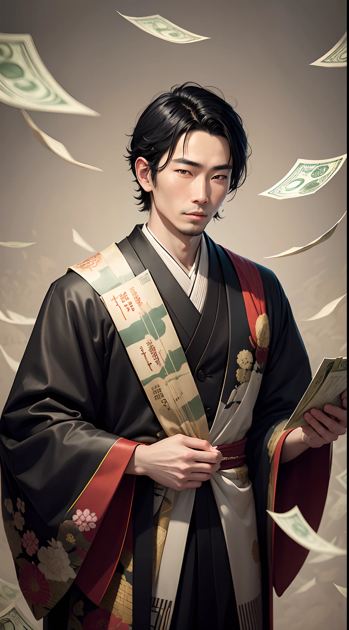 Japanese man, edo period,black hair, kimono dress, A detailed painting of a person in a suit, surrounded by a flurry of dollar bills, with the book Financial Freedom Formula in the center.