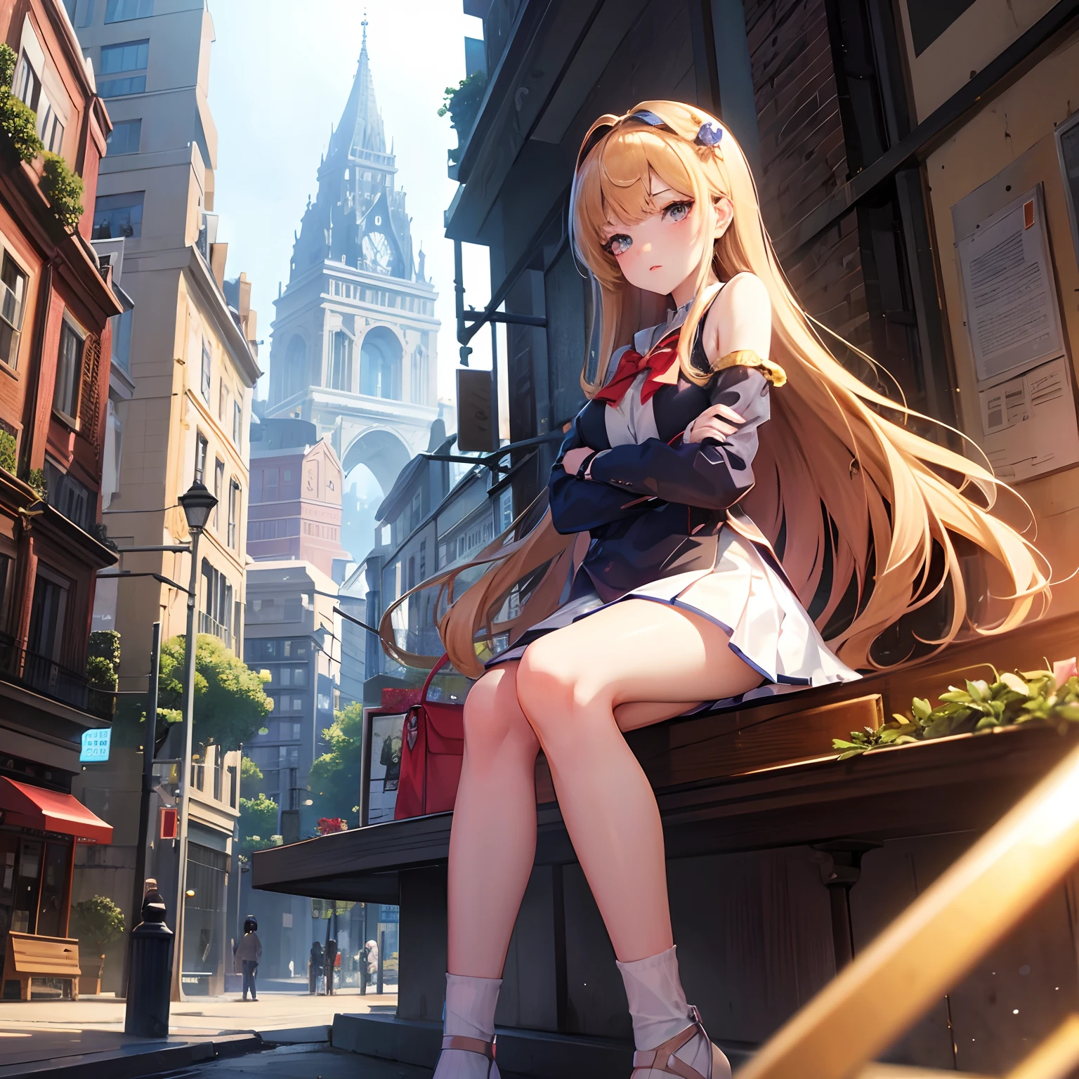 finest image, detailed and delicate depiction, giant, cute high school girl, arms folded, destroyed cityscape