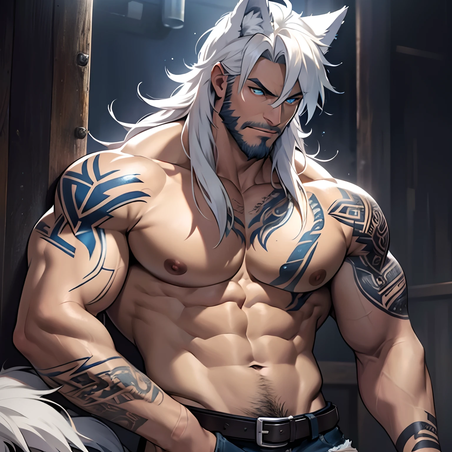 Muscular shirtless male wearing just a pair of torn jeans, has long white hair, has wolf ears, has glowing blue eyes, has light beard stubble, has wolf tail, solo, alone, (SOLO)(ALONE) shirtless, no shirt, (SHIRTLESS)(NO SHIRT), flexing, mystic backround, covered in tribal tattoos, wearing leather belt