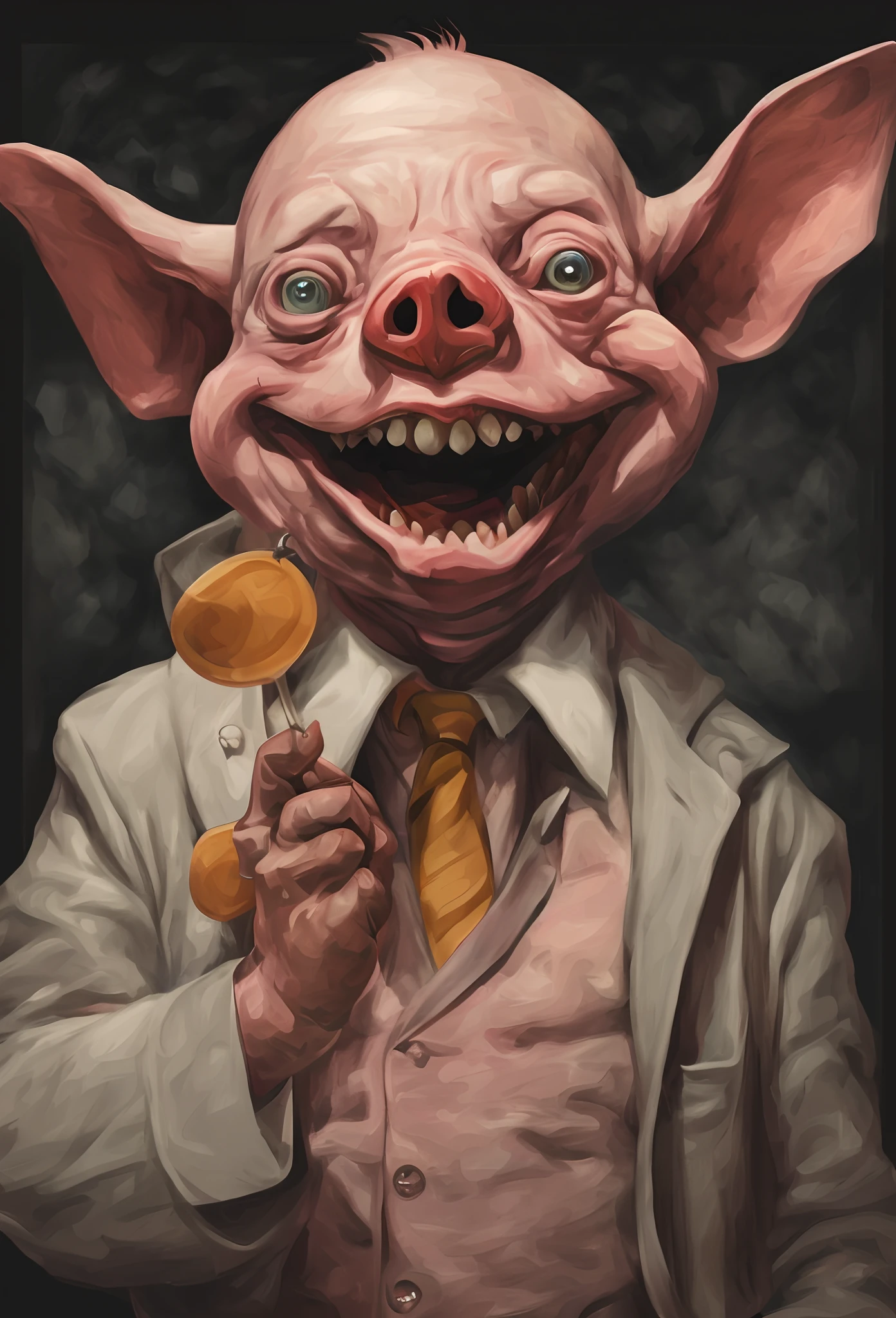 (((BRUNO AMADIO CURSED oil style))),(((ocre colors pallete))),(((CURSED DARK FANTASY ENVIRONMENT))),(((cursed mental sanatorium atmosphere))),(((Professor Pyg from batman))), (((Professor Pyg is crazy schizophrenic human with a dement laugh ))),emerging from the shadows of Gotham, stands with an enigmatic presence. His human face, a macabre canvas, displays twisted features in a mask that evokes monstrosity. Clad in surgical garments and a stained butcherapron, he embodies an obsession with deformity. Every gesture and strident laughter reveal the chaotic dance of a deranged soul, choreographing horrors and turning the unfortunate into his spine-chilling marionettes in the dark theater of depravity., hand-drawn, digital painting, low-poly, soft lighting, bird's-eye view, isometric style, retro aesthetic, focusedon the character, 8K resolution, photorealistic rendering, usingCinema 4D,highly detailed, professional light