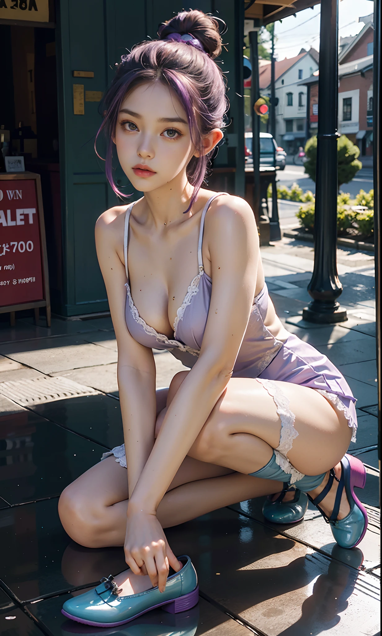 （raining day：1 bun lady，Purple hair combed into a bun, Girl）， tmasterpiece， best qualtiy， RAW photogr， realisticlying， the face， Incredibly Ridiculous res， Beautiful elf beauty， ear studs，Get wet all over， (Light purple ultra-short hair，hair-bun)，Loose nightdress，(black lence stockings+)，(Flat shoes)，depth of fields， A high resolution， ultra - detailed， filigree， RAWE is very detailed， very detailed eyes and faces， Sharp pupils， realistic pupil， tack sharp focus， cinmatic lighting，full bodyesbian，Bigboobs，long leges，From the front side，Main street on a rainy day，dynamicposes