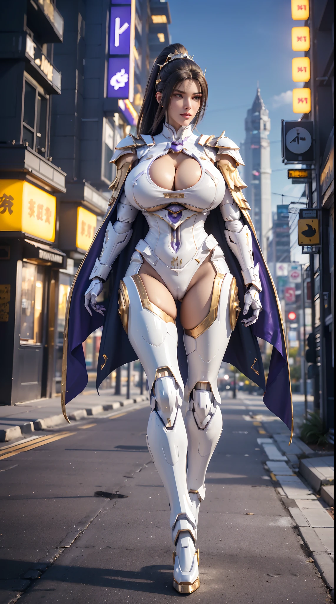 1GIRL, SOLO, SMILE (shiny black ponytail hair), (HUGE FAKE BOOBS:1.3), (GUARD ARM, GLOVE), (white, violet, gold, FUTURISTIC DRAGON MECHA ARMOR SUIT, ROYAL CAPE, CLEAVAGE:1.5), (SKINTIGHT YOGA PANTS, HIGH HEELS:1.2), (NSFW GLAMOROUS BODY, SEXY LONG LEGS, FULL BODY:1.3), (FROM FRONT, LOOKING AT VIEWER:1), (WALKING DOWN ON STREET NIGHT CITY:1.3), PHYSICALLY-BASED RENDERING, ULTRA HIGHT DEFINITION, 8K, 1080P.
