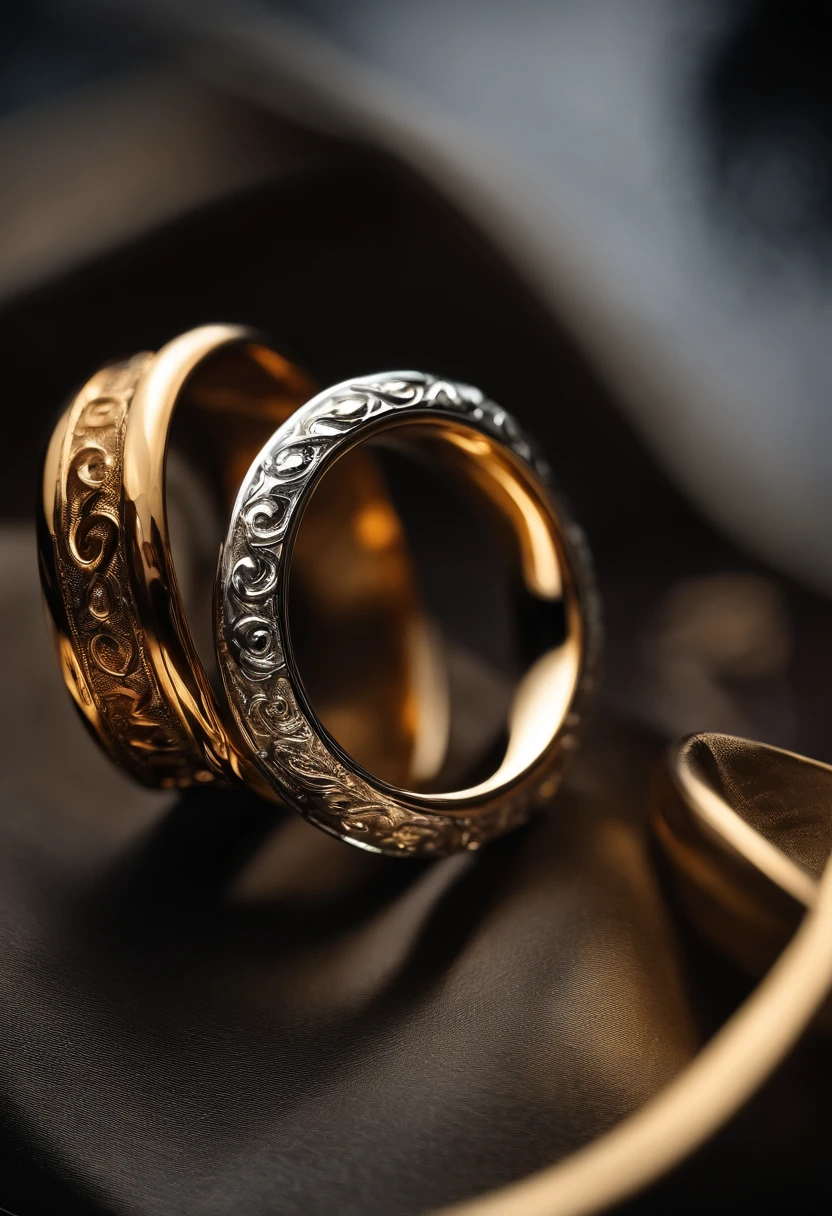 Metal rings),hyper photorealism,Alexander Calder(r,macro shot,Reflective lenses,spotlight,lord of the ring,Reflection,Rotary process,k hd,the detail,tmasterpiece,luxury goods,