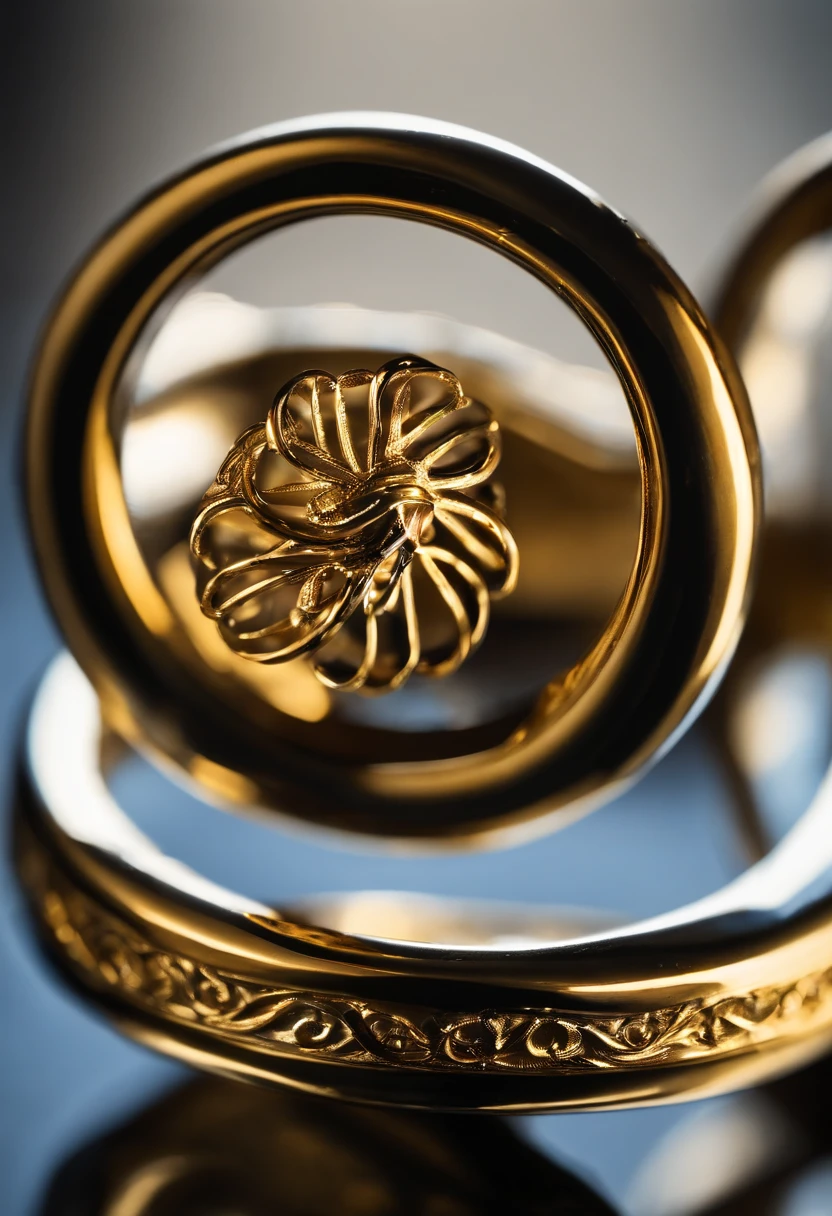 Metal rings），hyper photorealism，Alexander Calder（r，macro shot，Reflective lenses，spotlight，lord of the ring，Reflection，Rotary process，k hd，the detail，tmasterpiece，luxury goods，