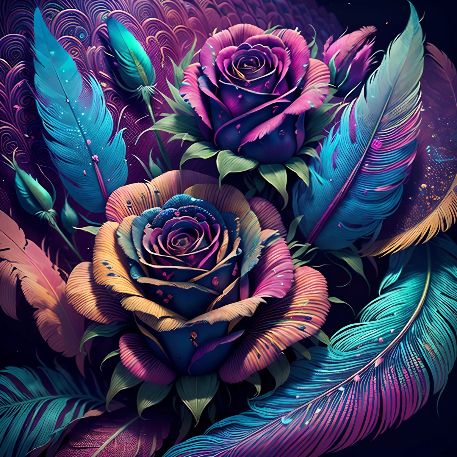 Riff Style 2 (top-quality, Best Quality, Official art, Plants and bird feathers, Beautiful and aesthetic flowers:1.2), (roses:1.3), Extremely detailed,(Fractal Art:1.1),(Colorful:1.1)(Flowers:1.3),highest details,(Zentangle:1.2), (Dynamic Pose), (Colorful abstract background:1.3), (Glossy flowers), (Many colors:1.4), Colorful Accessories, (Feathers:1.5)