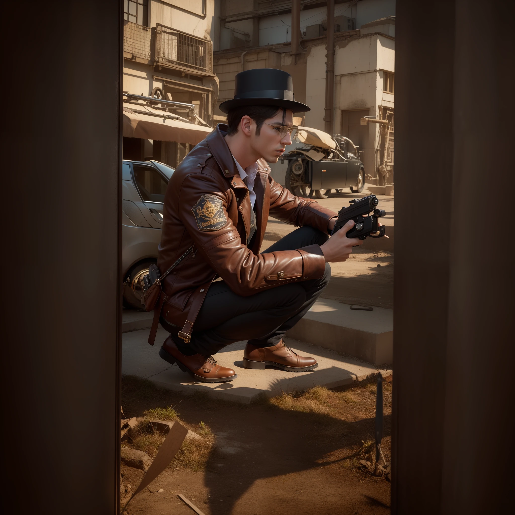 um Home Detective, Conceptual Art, Realism, Godley, Film Lighting, Multiview, Canon, UHD, High Detail, High Quality, HD, 16k,Steampunk,Handsome and slender young man,,Steampunk,Vintage Pilot Goggles,Leather Jacket,Leather Vest,Leather Pants,White Shirt,Top Hat,(Face: 1.3)Face, Detailed face, perfect eyes, serious expression, short haircut, industrial background, intricate details, natural light, correct anatomy, good composition, masculine image, manly, refreshing and clear skin texture, holding a pistol in the right hand