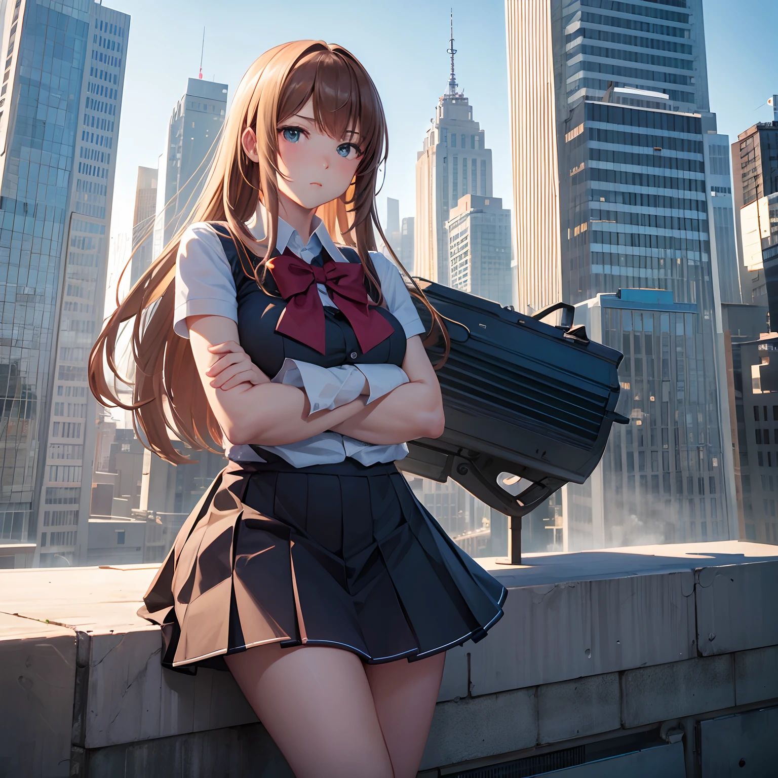 finest image, detailed and delicate depiction, giant, cute high school girl, arms folded, destroyed cityscape
