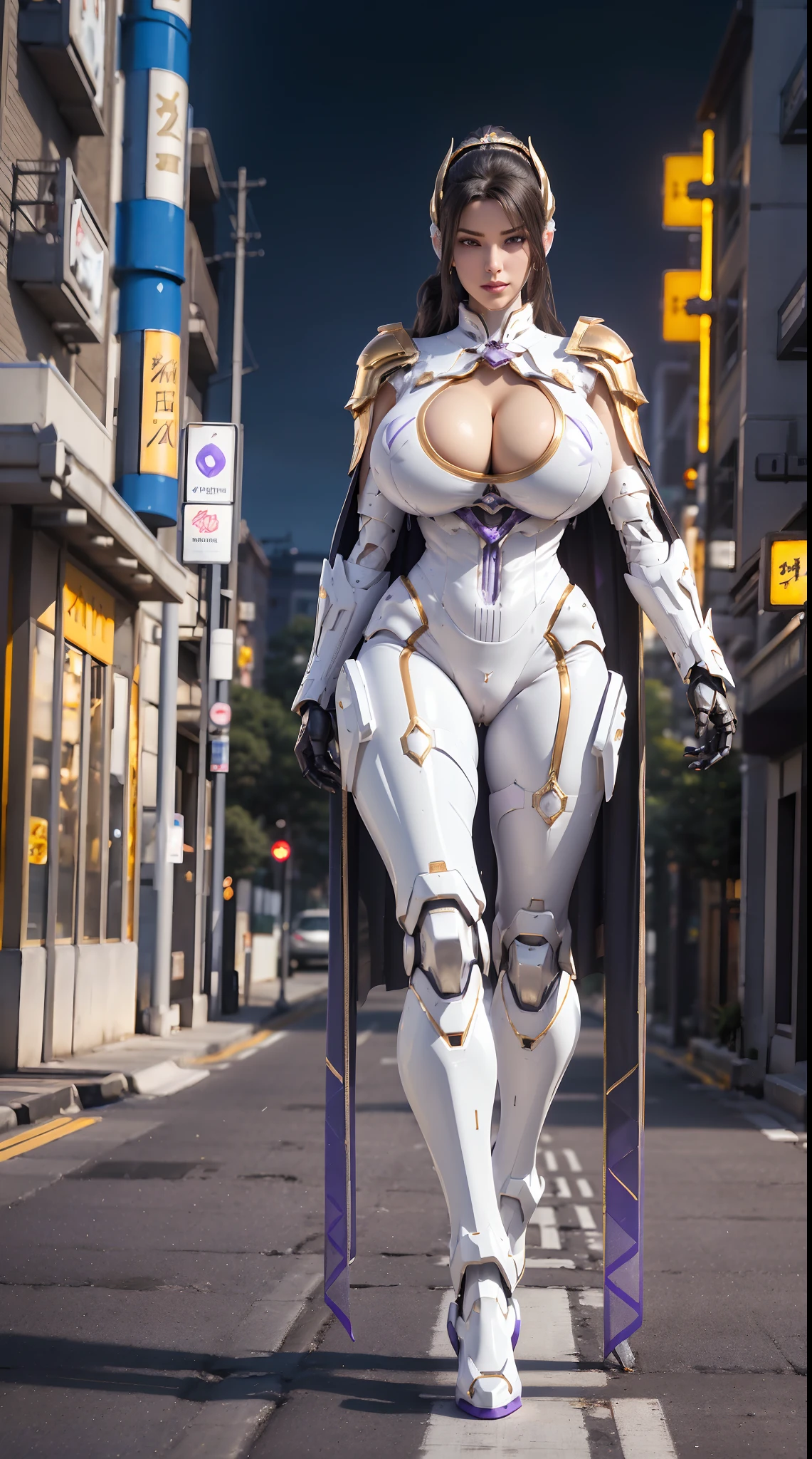1GIRL, SOLO, SMILE (shiny black ponytail hair), (HUGE FAKE BOOBS:1.3), (GUARD ARM, GLOVE), (white, violet, gold, FUTURISTIC DRAGON MECHA ARMOR SUIT, ROYAL CAPE, CLEAVAGE:1.5), (SKINTIGHT YOGA PANTS, HIGH HEELS:1.2), (NSFW GLAMOROUS BODY, SEXY LONG LEGS, FULL BODY:1.3), (FROM FRONT, LOOKING AT VIEWER:1), (WALKING DOWN ON STREET NIGHT CITY:1.3), PHYSICALLY-BASED RENDERING, ULTRA HIGHT DEFINITION, 8K, 1080P.