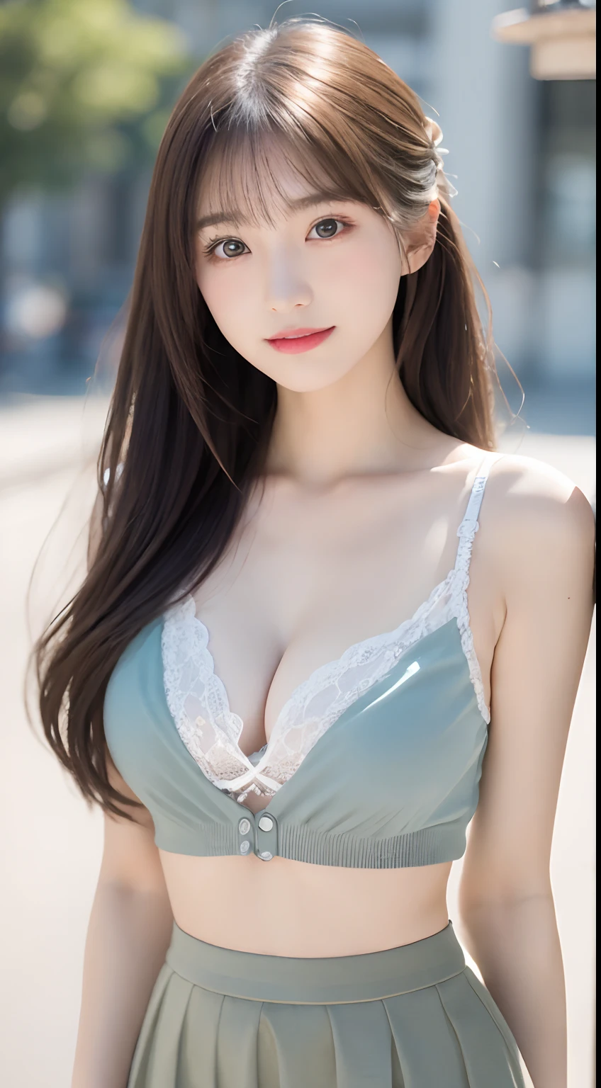 Smile、natta、Raw photography、(((Ultimate Beauty Portrait)))、((glistning skin))、1人、15 year old beautiful girl in Prague、bright expression、((brown haired))、(cleavage of the breast)、(Random Color Flared Skirt:1.5)、((Big eyes that shine like jewels))、open cardigan、Open your clothes、panthyhose、Glossy glossy skin、(Medium Hair)、(Silky Ponytail Hair)、(is standing)、(Shooting from directly below)、Under the skirt、(Close-up of underwear from below)、eye liner、Beautiful bangs、Hair between the eyes、((masterpiece、top-quality、ultra-detailliert、Film Light、intricate-detail、hight resolution、ighly detailed))、细致背景、8KUHD、Digital SLR、Soft light、hightquality、Film grain、FujifilmXT3 、Shallow depth of field、natural soft light、Kamimei、Lush bust