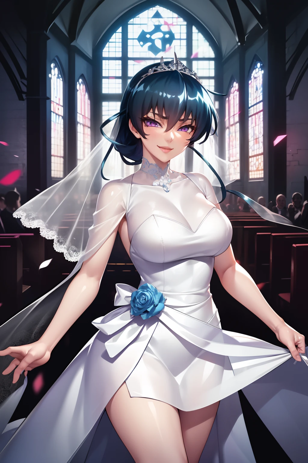 asagi, (Gorgeous white wedding dress:1.2),miniskirt,Gorgeous tiara,wedding veil,long hair,ponytail, blue hair, hair between eyes, sidelocks, purple eyes, looking at viewer, church,(highres, high quality:1.1), intricate details, cinematic lighting, 1girl,happy smile