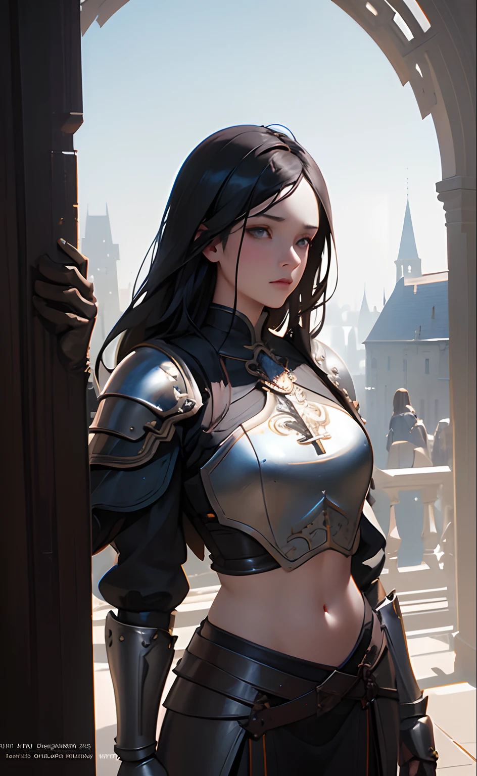 (masterpiece), (extremely intricate:1.3), (realistic), portrait of a girl, the most beautiful artwork in the world, (medieval armor), metal reflections, upper body, outdoors, intense sunlight, far away castle, professional oil painting of a stunning woman by Ed Blinkey and Atey Ghailan and Jeremy Mann and Greg Rutkowski, detailed, sharp focus, dramatic, award winning, matte drawing, cinematic lighting, octane render, unreal engine, volumetrics dtx, midriff, navel