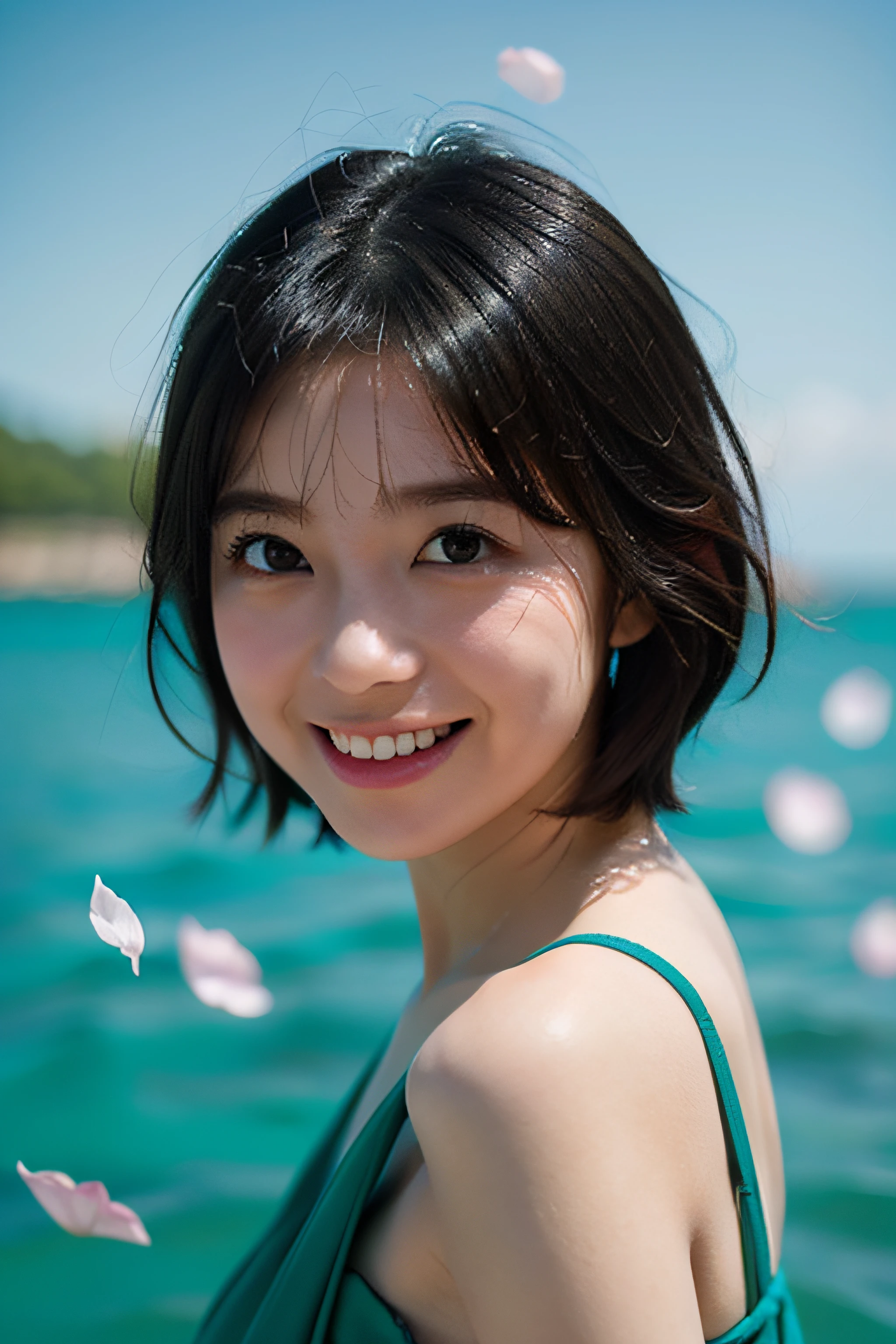 Beautiful and delicate portrait of playful cute girl with short boyish hair, Navel,Naked,Black hair, Emerald Green Sea, Mischievous smile, Dancing petals, (of the highest quality, masutepiece, Ultra-realistic) And petals floating in the background