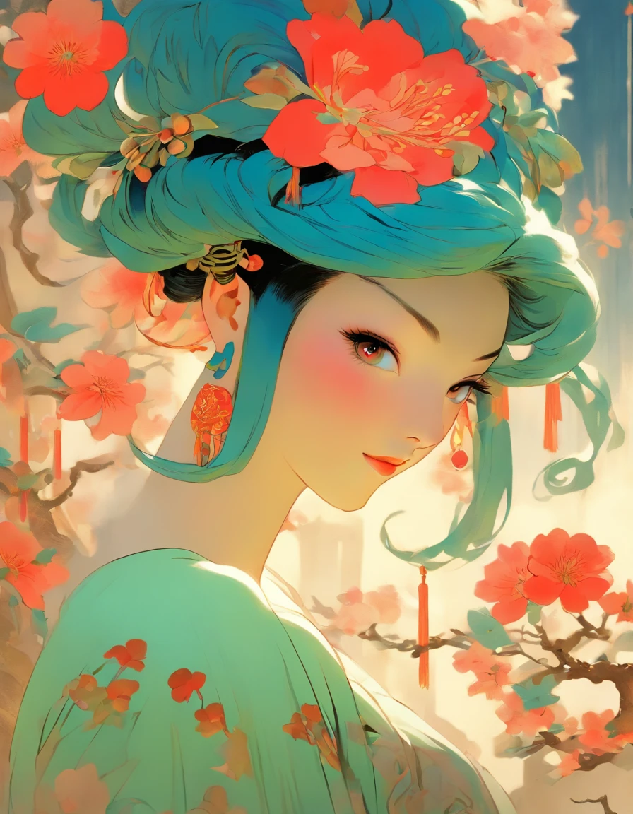 There was a woman in ancient China, Bare back,There are tattoos on the bare shoulders,Red and blue-green flowers, ukiyo-style, Guviz-style artwork, Guviz, Alphonse mucha and rossdraws, A beautiful artwork illustration, By Li Song, by Yang J, author:Zou Zhe, By Zeng Jing, by Ye Xin, author:Shitao, author:Zhou Fang, korean art nouveau anime