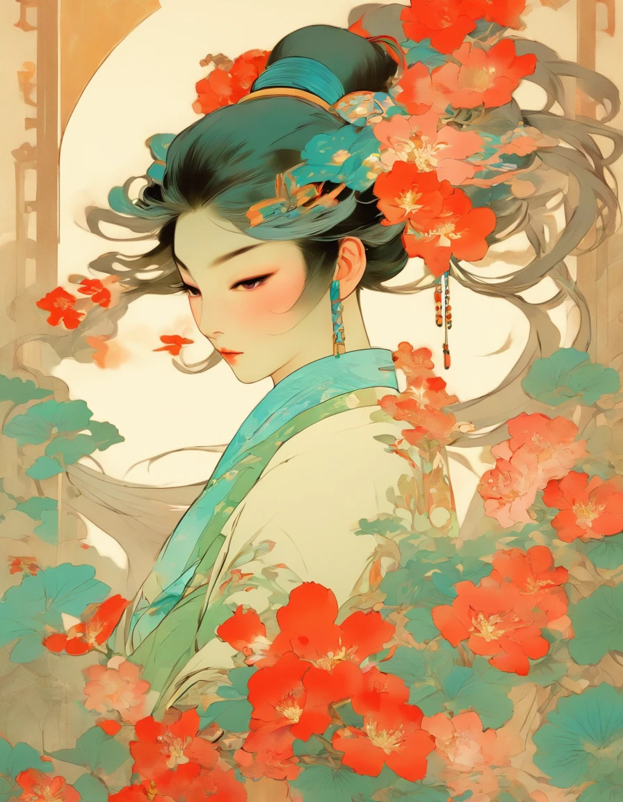 There was a woman in ancient China, Bare back，There are tattoos on the bare shoulders，Red and blue-green flowers, ukiyo-style, Guviz-style artwork, Guviz, Alphonse mucha and rossdraws, A beautiful artwork illustration, By Li Song, by Yang J, author：Zou Zhe, By Zeng Jing, by Ye Xin, author：Shitao, author：Zhou Fang, korean art nouveau anime