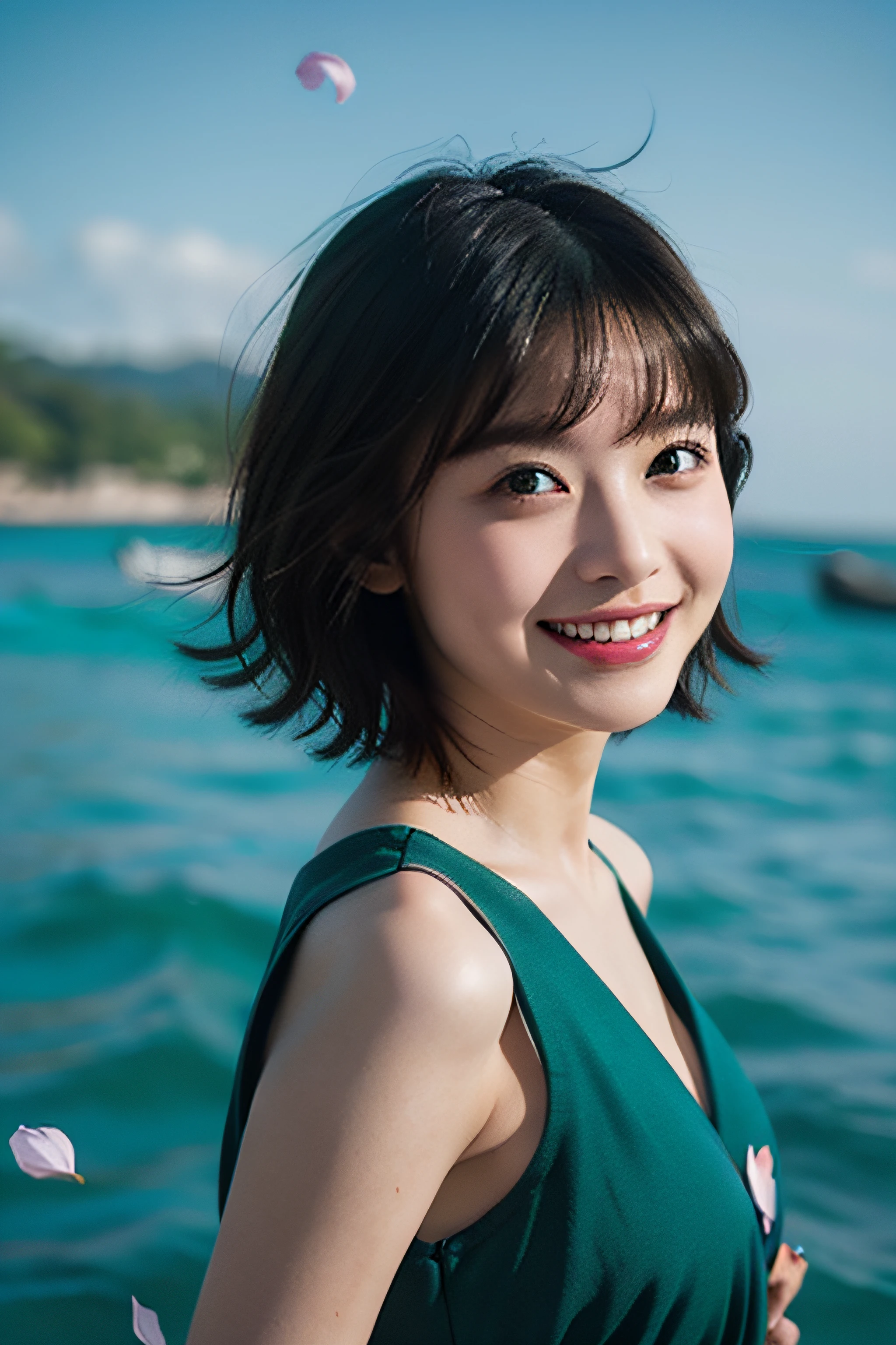Beautiful and delicate portrait of playful cute girl with short boyish hair, Black hair, Emerald Green Sea, Mischievous smile, Dancing petals, (of the highest quality, masutepiece, Ultra-realistic) And petals floating in the background