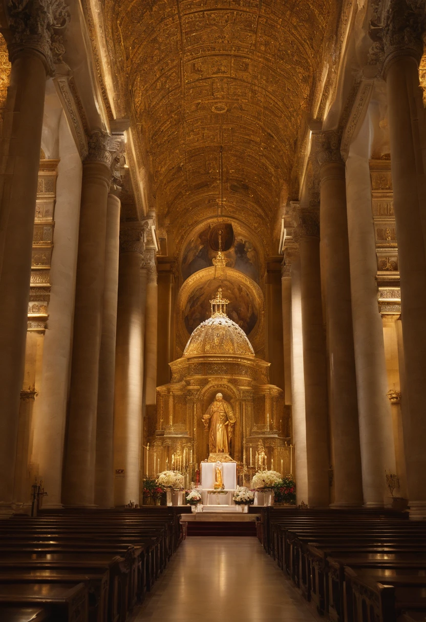 alta qualidade, Realistic portrait, Pope Eugene III, olhos e rosto detalhados, mitra papal, sentado em um trono com um altar tridentino de ouro ao lado, Richly decorated catholic church, vitrais, luz de velas piscando, Religious symbols, Tall Marble Columns, altar ornamentado, atmosfera santa, cores vibrantes, soft lighting, majestic presence