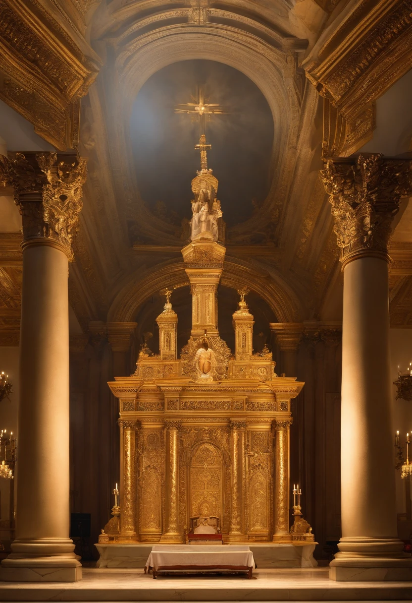 alta qualidade, Realistic portrait, Pope Eugene III, olhos e rosto detalhados, mitra papal, sentado em um trono com um altar tridentino de ouro ao lado, Richly decorated catholic church, vitrais, luz de velas piscando, Religious symbols, Tall Marble Columns, altar ornamentado, atmosfera santa, cores vibrantes, soft lighting, majestic presence