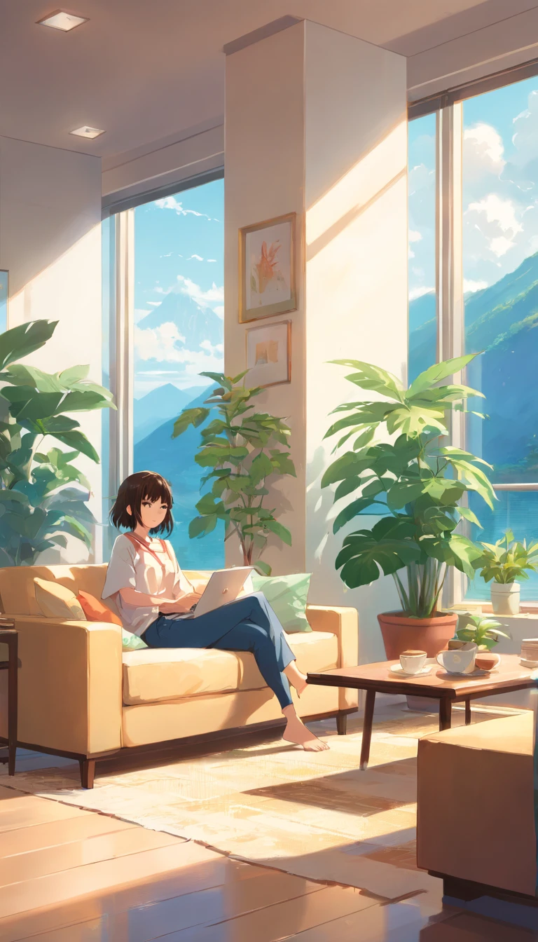 one-girl，In the large bright living room，floor to ceiling window、Coffee table minimalist style，In the middle is a large pot of white monstera