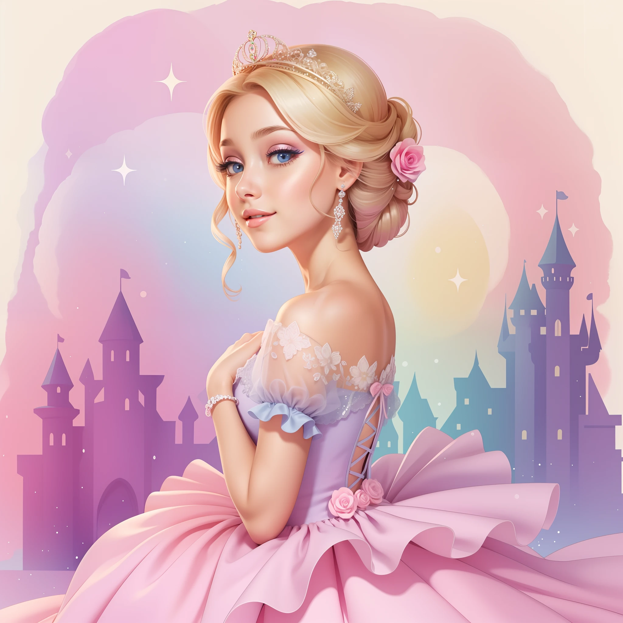 Cute Illustration Clipart (princesa cinderela vestido rosa glitter floral no estilo sara kay) em alegre, Light Pastels, estilo Sara Kay, aquarela e flores, pastel-hued,fundo branco, qualidade perfeita, Ultra resolution, imagem 300 dpi, alta resolução, 16 mil, A very high-resolution image