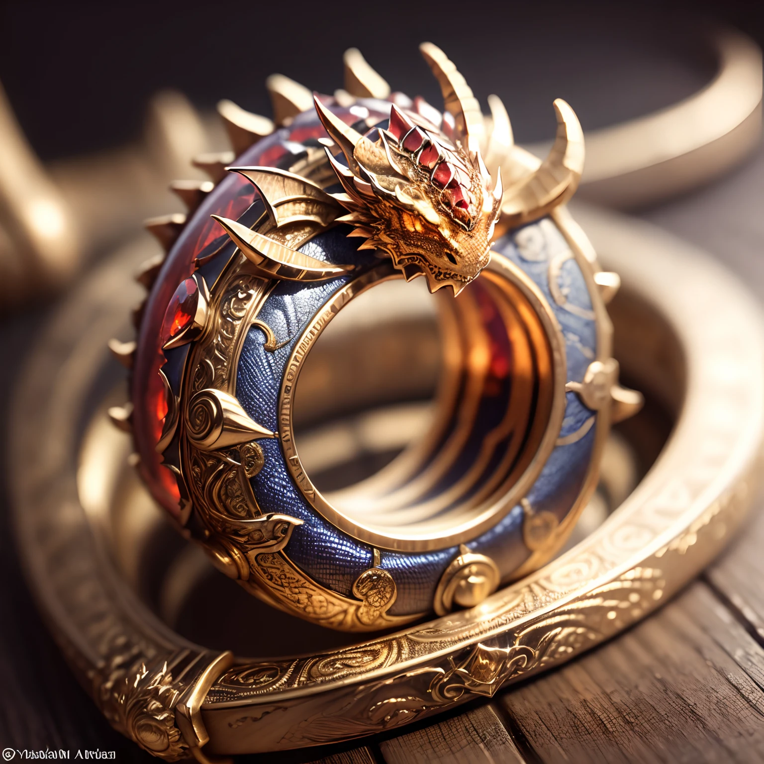 Masterpiece，highest  quality，(Nothing but the ring)，Masterpiece，highest  quality，Dragon Ring, Flames and scales, Engraved inscriptions, Yoshitaka Amano, Epic, Macro shot, dramatic light