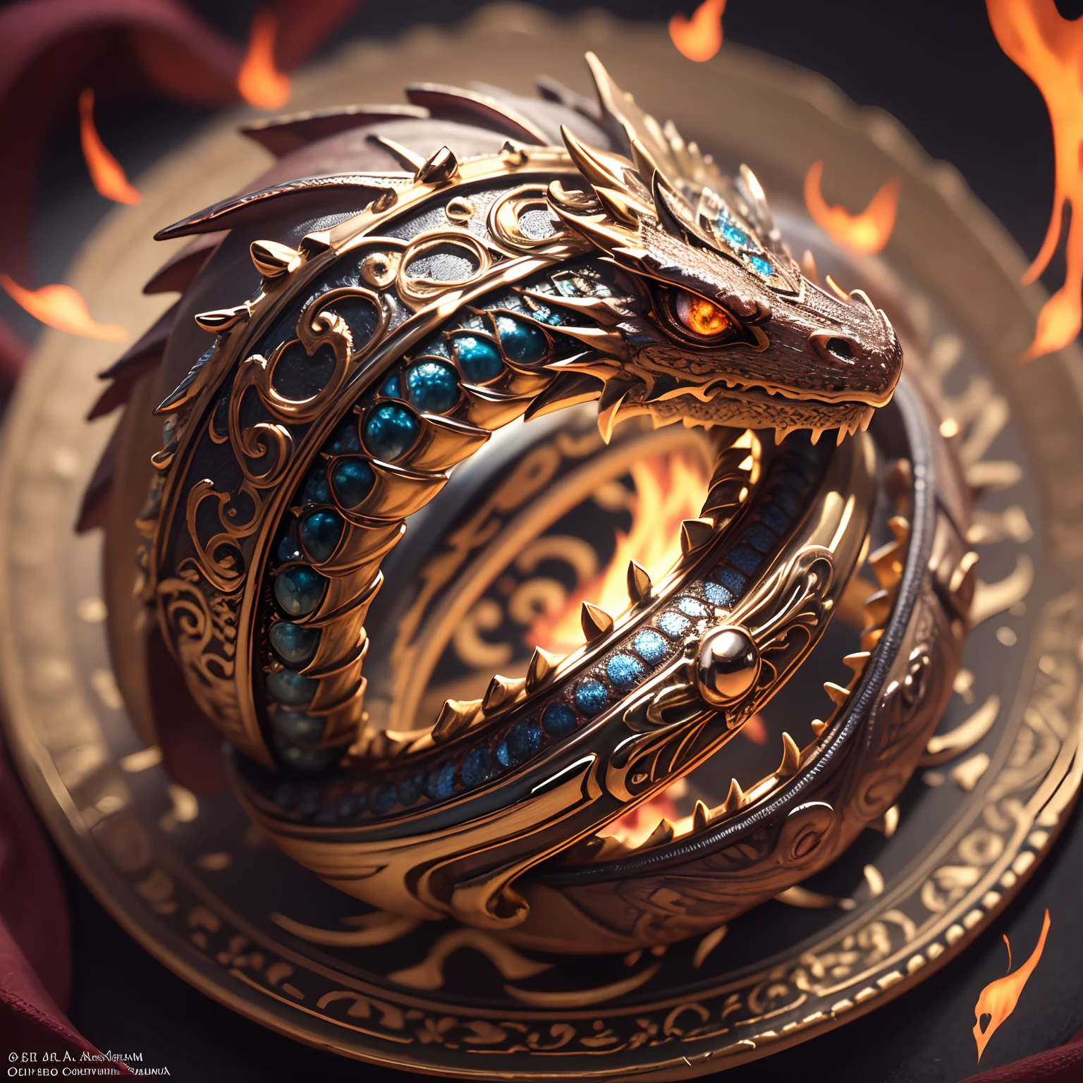 Masterpiece，highest  quality，(Nothing but the ring)，Masterpiece，highest  quality，Dragon Ring, Flames and scales, Engraved inscriptions, Yoshitaka Amano, Epic, Macro shot, dramatic light