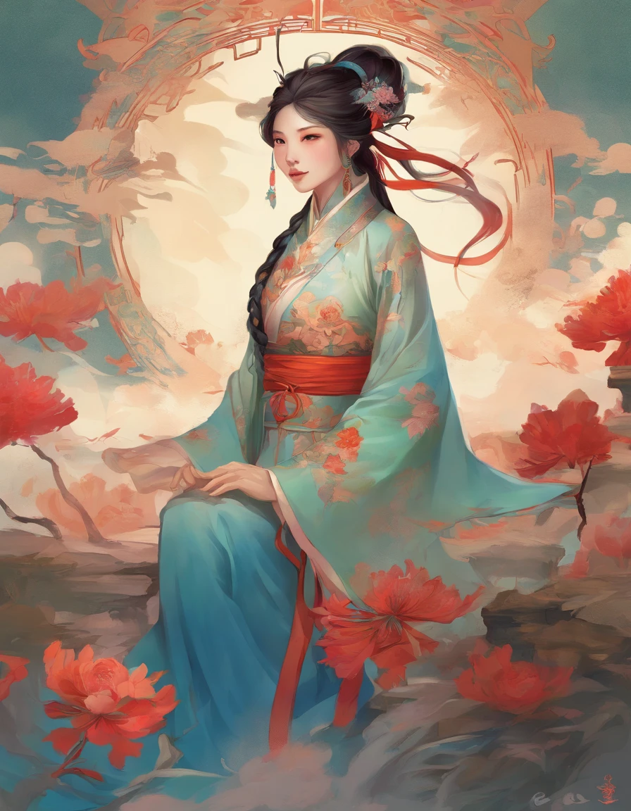 There was a woman in ancient China, Bare back，There are tattoos on the bare shoulders，Red and blue-green flowers, ukiyo-style, Guviz-style artwork, Guviz, Alphonse mucha and rossdraws, A beautiful artwork illustration, By Li Song, by Yang J, author：Zou Zhe, By Zeng Jing, by Ye Xin, author：Shitao, author：Zhou Fang, korean art nouveau anime