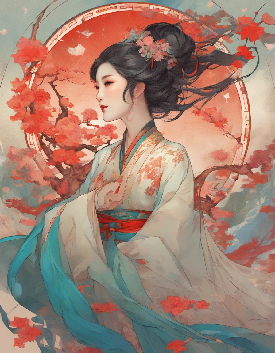 There was a woman in ancient China, Bare back,There are tattoos on the bare shoulders,Red and blue-green flowers, ukiyo-style, Guviz-style artwork, Guviz, Alphonse mucha and rossdraws, A beautiful artwork illustration, By Li Song, by Yang J, author:Zou Zhe, By Zeng Jing, by Ye Xin, author:Shitao, author:Zhou Fang, korean art nouveau anime