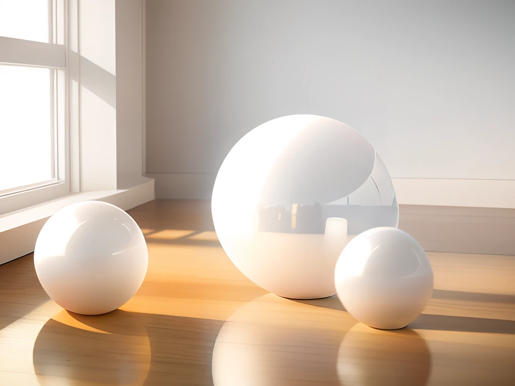 realistic 3D render.There are three matte white plastic spheres on a matte white table in bright and vast room.perfect spheres .hi-quality.masterpiece.32K.unreal engine.