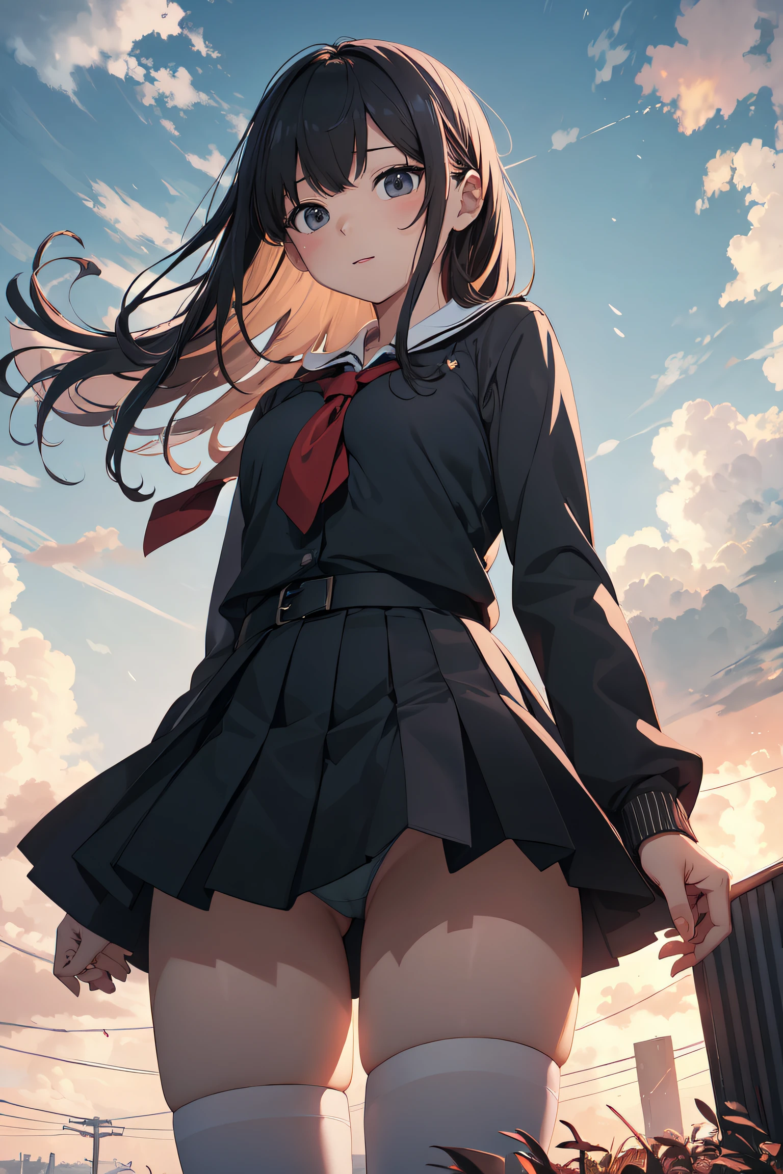 thighs thighs thighs thighs、(the Extremely Detailed CG Unity 8K Wallpapers,masutepiece, Best Quality, Ultra-detailed),Typhoon morning,Commuting to school,Unexpectedly strong wind blows,Schoolgirl Panty Shot.from below,