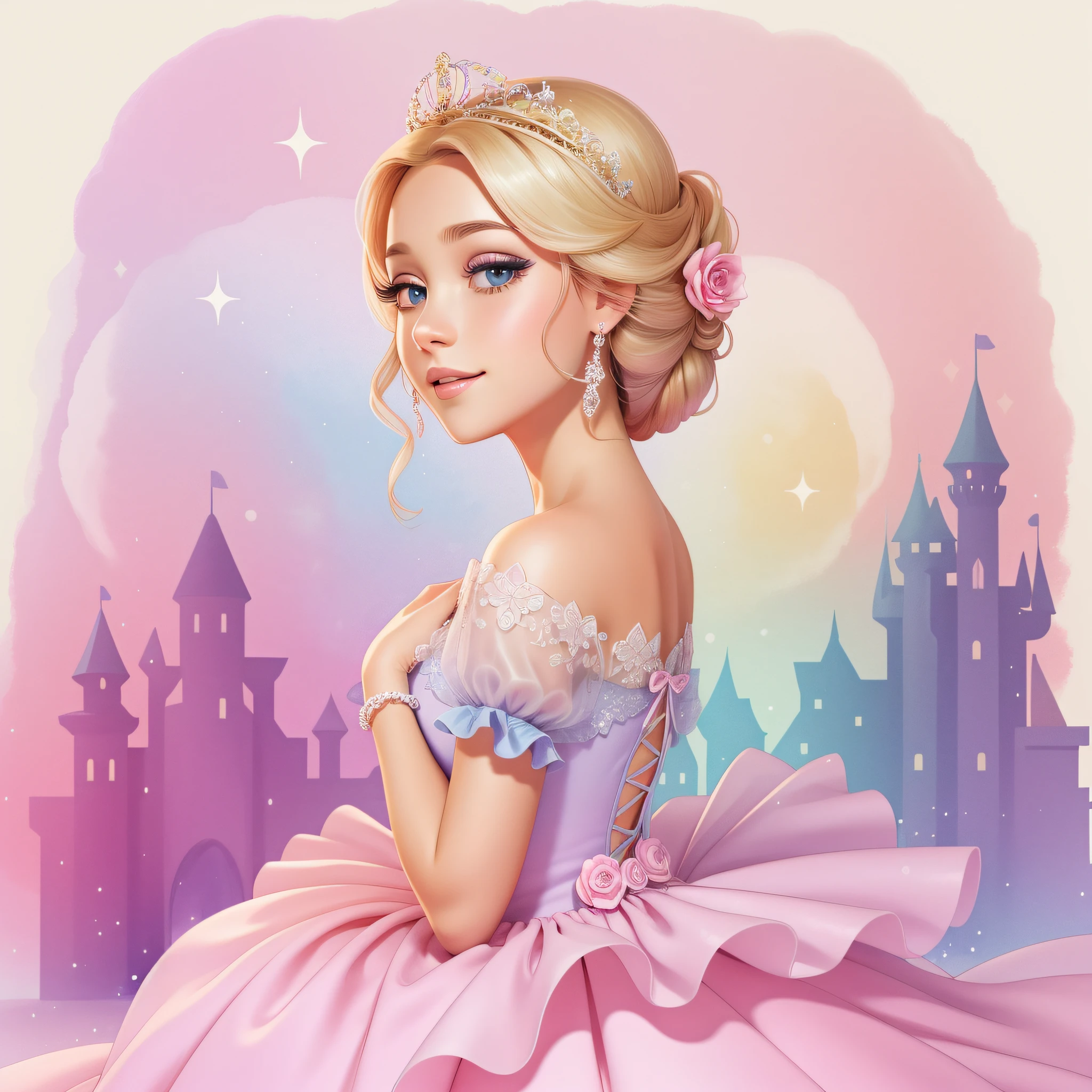 Cute Illustration Clipart (princesa cinderela vestido rosa glitter floral no estilo sara kay) em alegre, Light Pastels, estilo Sara Kay, aquarela e flores, pastel-hued,fundo branco, qualidade perfeita, Ultra resolution, imagem 300 dpi, alta resolução, 16 mil, A very high-resolution image