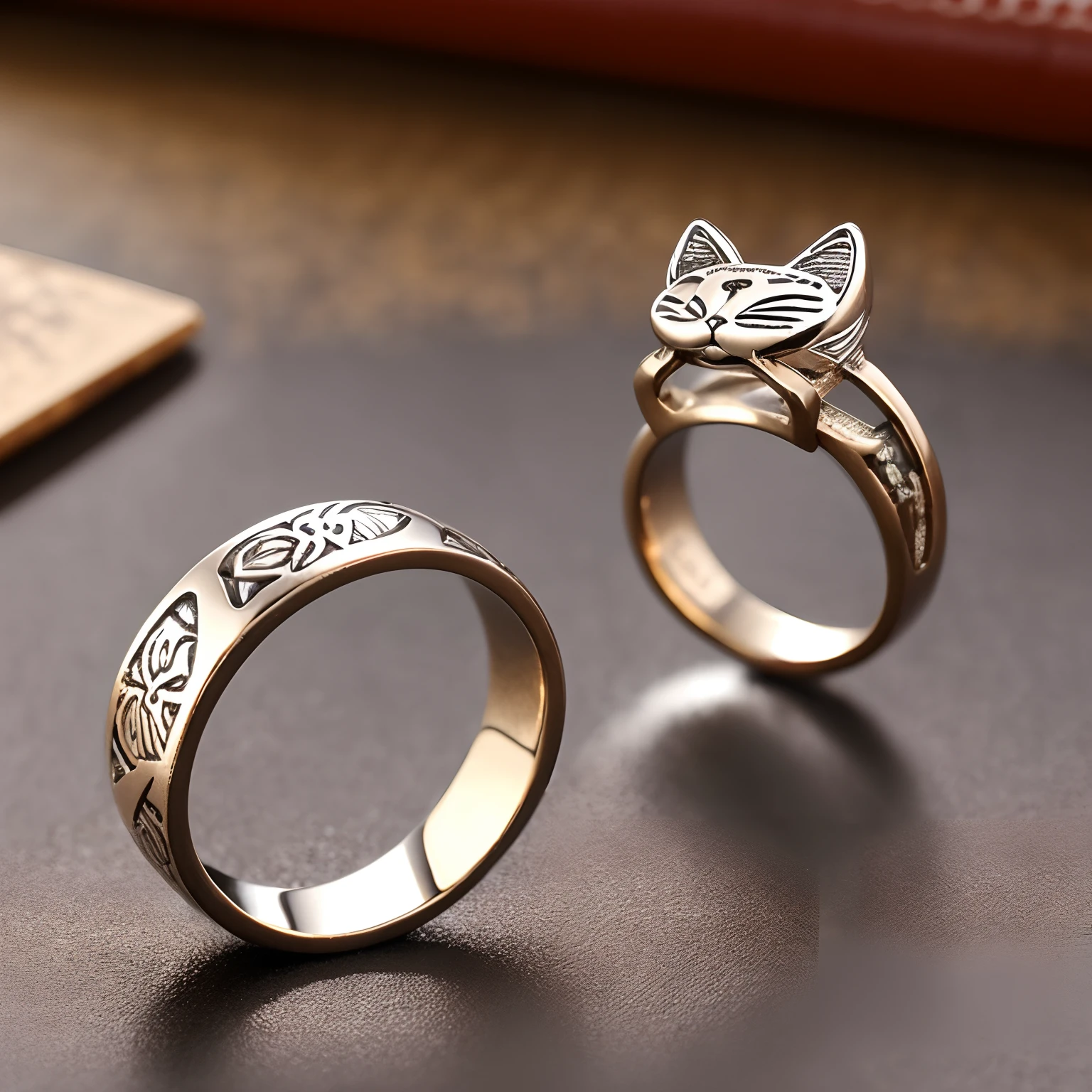 A metallic ring with a cat motif is placed on the table, masterpiece, super detail, best quality