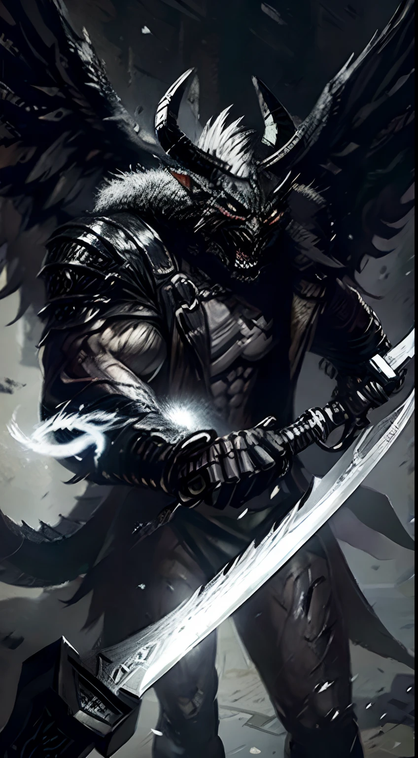 Wear jacket, Angel, carrying a sword with dragon eyes, silver and black, wearing an oni mask