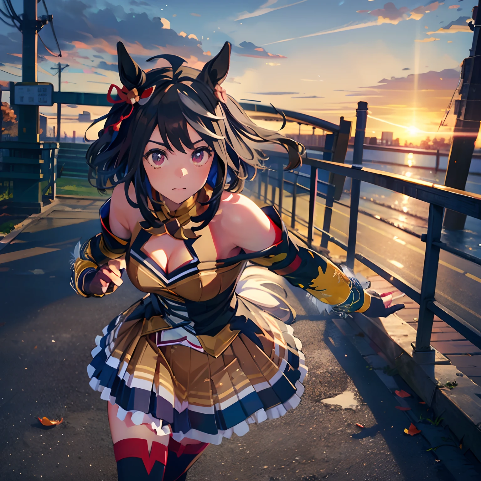 「​masterpiece,top-quality,a closeup,Face Shots,kitasan black_(Umamusume), 1girl in,Animal ears ,Horse ears ,Horse Girl ,Horse tail,masutepiece, Best Quality,Hair Ribbon, Hair Ornament, Fingerless gloves, yellow gloves, Komono, Long sleeves, Wide sleeves, Detached sleeves, Bare shoulders, Clothes Cutout, cleavage cutout, Kohaku ship, Brown skirt, Pleated skirt, zettai ryouiki, black thighhighs, Sandals, red footwear, 」，Running through，