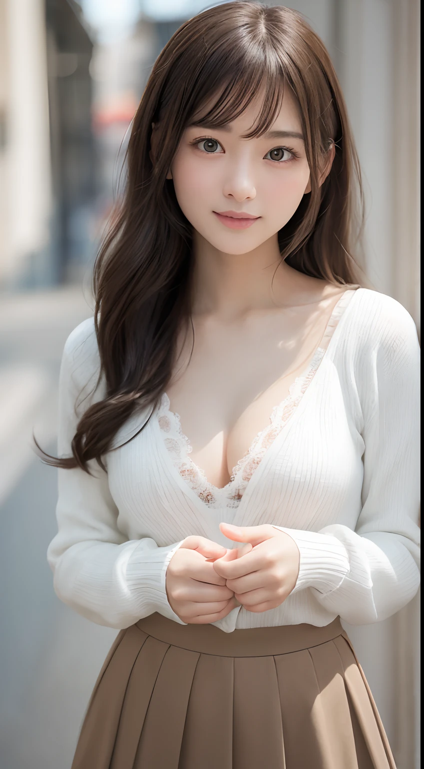 Smile、natta、Raw photography、(((Ultimate Beauty Portrait)))、((glistning skin))、女の子1人、15 year old beautiful girl in Prague、bright expression、((brown haired))、(cleavage of the breast)、(Random Color Flared Skirt:1.5)、((Big eyes that shine like jewels))、open cardigan、Open your clothes、panthyhose、Glossy glossy skin、(Medium Hair)、(Silky Ponytail Hair)、(is standing)、(Shooting from directly below)、Under the skirt、(Close-up of underwear from below)、eye liner、Beautiful bangs、Hair between the eyes、((​masterpiece、top-quality、ultra-detailliert、Film Light、intricate-detail、hight resolution、ighly detailed))、细致背景、8KUHD、Digital SLR、Soft light、hightquality、Film grain、FujifilmXT3 、Shallow depth of field、natural soft light、Kamimei、Lush bust