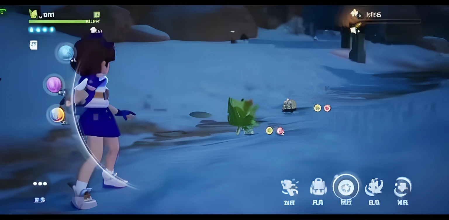 Close-up of a person standing on a snow-covered field, video game screenshot, in-game, in - game, game footage, gameplay video, video game screenshot>, game screenshot, videogame screenshot, in-game footage, in - game footage, gameplay, ps 4 gameplay, pokemon sword and sheild, gameplay screenshot with ui
