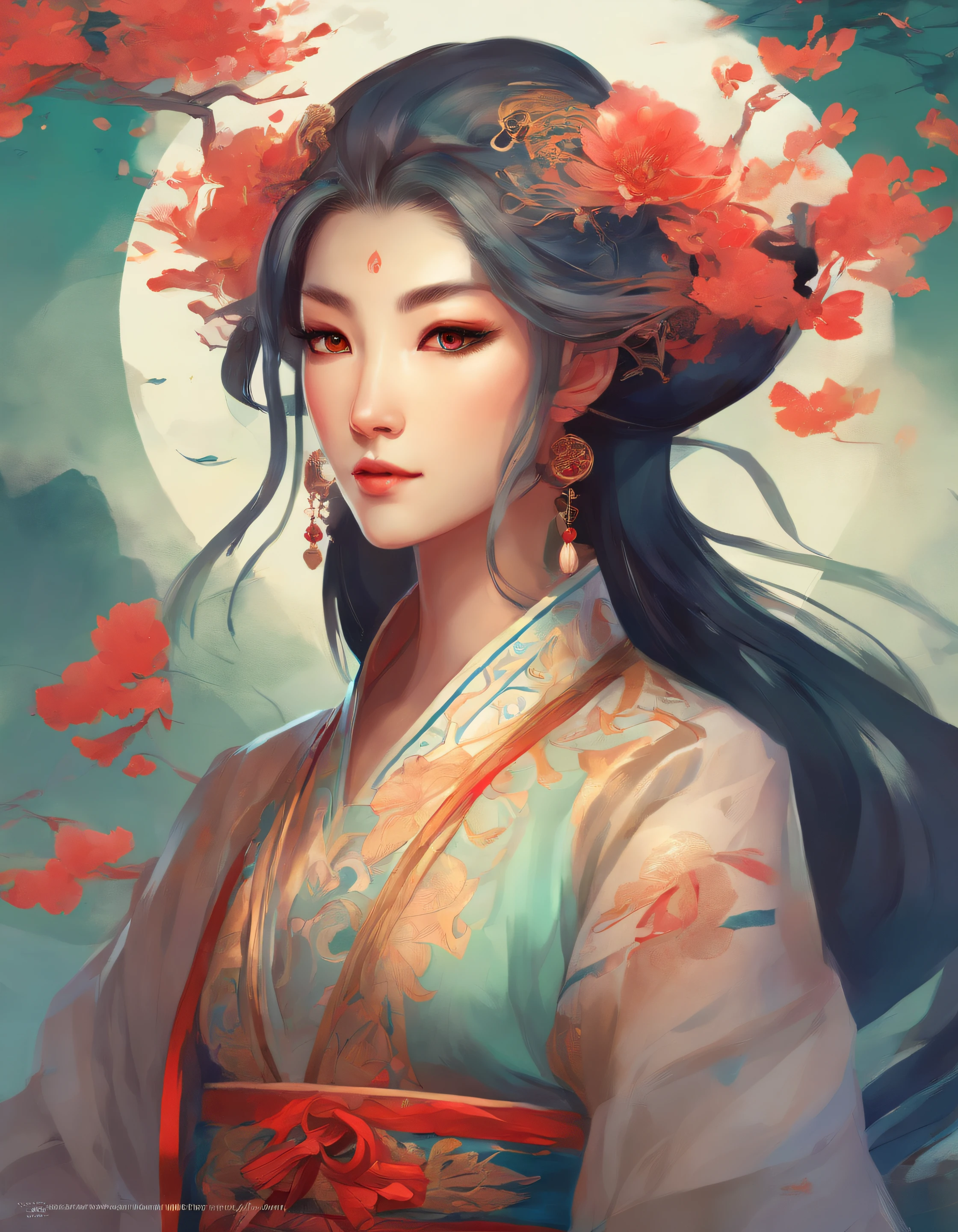 There was a woman in ancient China, Bare back，There are tattoos on the bare shoulders，Red and blue-green flowers, ukiyo-style, Guviz-style artwork, Guviz, Alphonse mucha and rossdraws, A beautiful artwork illustration, By Li Song, by Yang J, author：Zou Zhe, By Zeng Jing, by Ye Xin, author：Shitao, author：Zhou Fang, korean art nouveau anime
