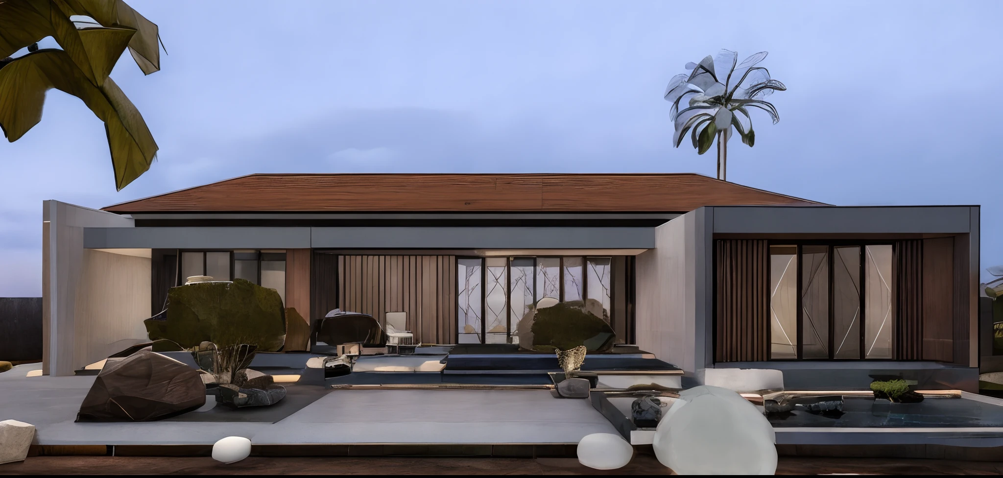 a rendering of a house with a pool and a palm tree, concept house, exterior design, 2 d render, comprehensive 2 d render, detailed rendering, residential design, architectural concept, wide establishing shot, realistic concept, 3d rendering, 3 d rendering, conceptual rendering, inter dimensional villa, 3 / 4 view, 3/4 view, front elevation view