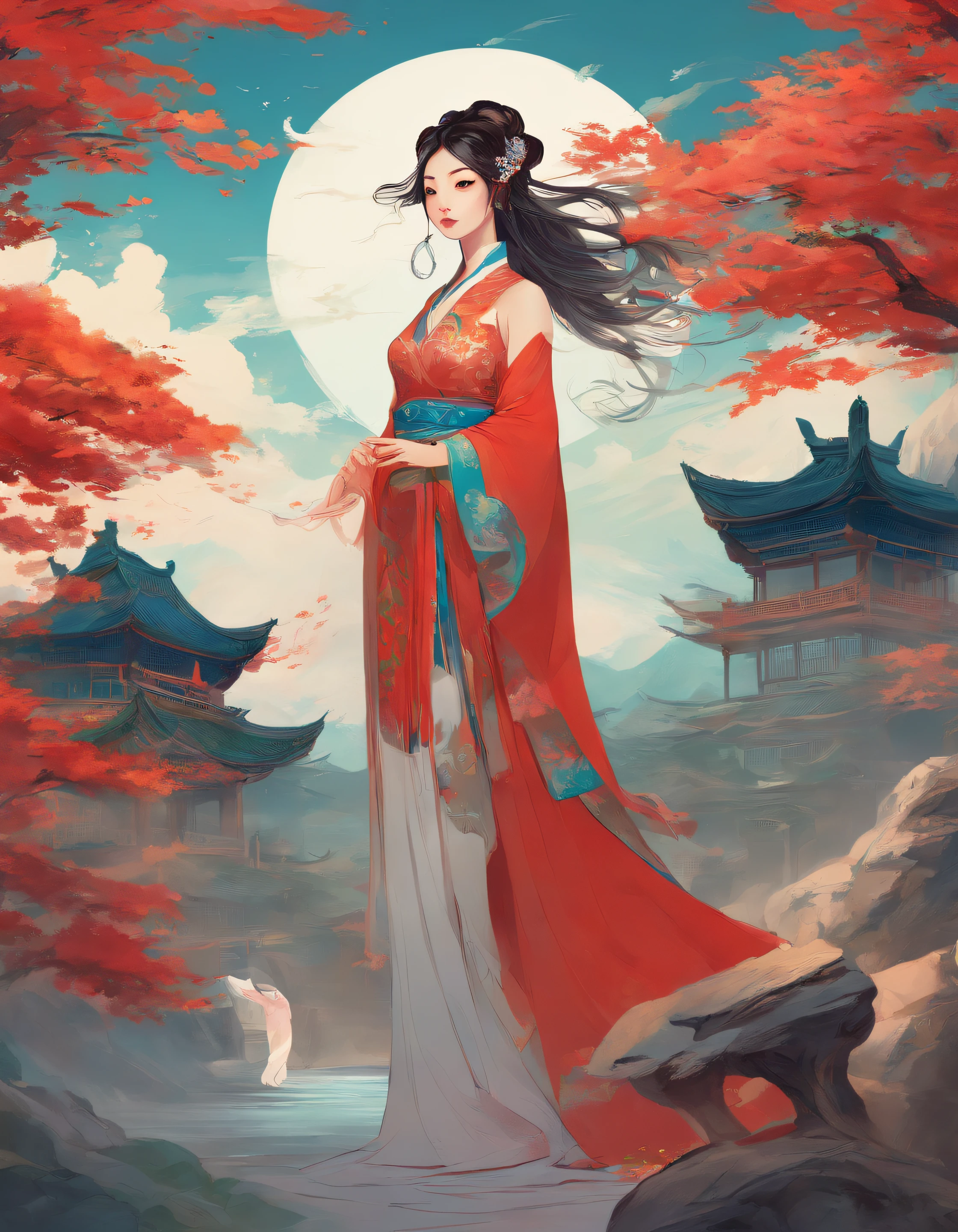 There was a woman in ancient China, Bare back,There are tattoos on the bare shoulders,Red and blue-green flowers, ukiyo-style, Guviz-style artwork, Guviz, Alphonse mucha and rossdraws, A beautiful artwork illustration, By Li Song, by Yang J, author:Zou Zhe, By Zeng Jing, by Ye Xin, author:Shitao, author:Zhou Fang, korean art nouveau anime