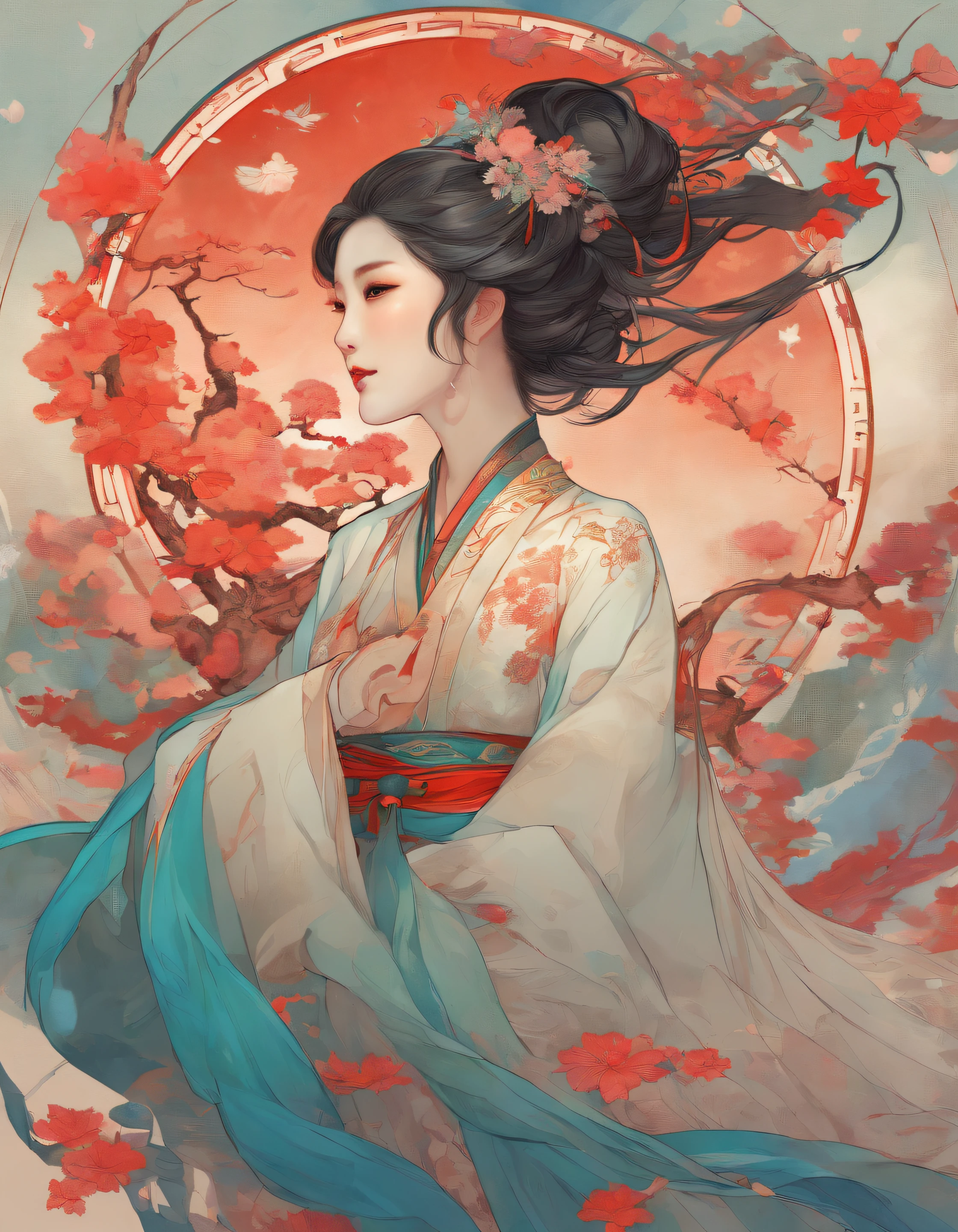 There was a woman in ancient China, Bare back，There are tattoos on the bare shoulders，Red and blue-green flowers, ukiyo-style, Guviz-style artwork, Guviz, Alphonse mucha and rossdraws, A beautiful artwork illustration, By Li Song, by Yang J, author：Zou Zhe, By Zeng Jing, by Ye Xin, author：Shitao, author：Zhou Fang, korean art nouveau anime