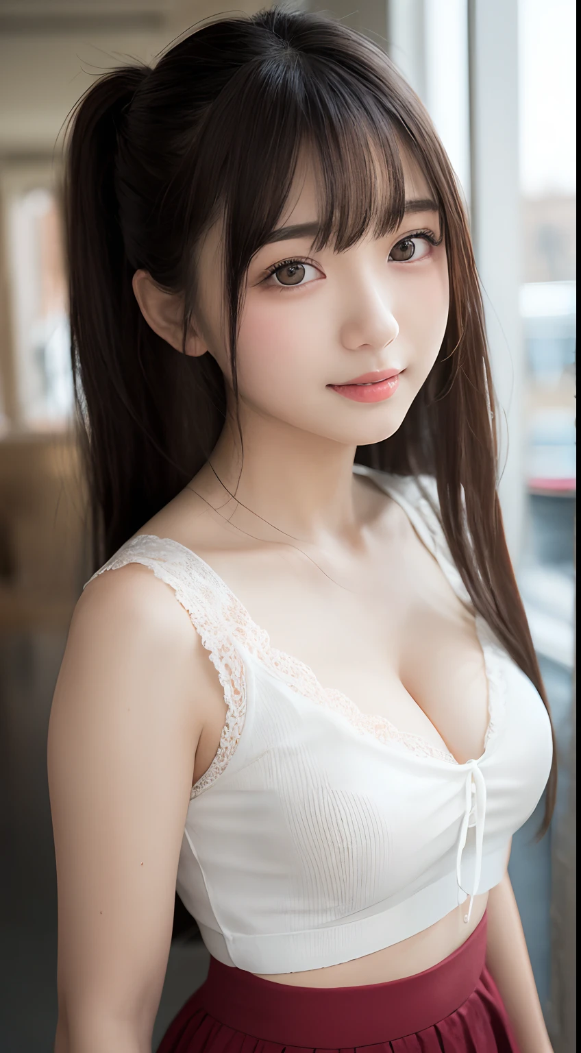 Smile、natta、Raw photography、(((Ultimate Beauty Portrait)))、((glistning skin))、女の子1人、15 year old beautiful girl in Prague、bright expression、((brown haired))、(cleavage of the breast)、(Random Color Flared Skirt:1.5)、((Big eyes that shine like jewels))、open cardigan、Open your clothes、panthyhose、Glossy glossy skin、(Medium Hair)、(Silky Ponytail Hair)、(is standing)、(Shooting from directly below)、Under the skirt、(Close-up of underwear from below)、eye liner、Beautiful bangs、Hair between the eyes、((​masterpiece、top-quality、ultra-detailliert、Film Light、intricate-detail、hight resolution、ighly detailed))、细致背景、8KUHD、Digital SLR、Soft light、hightquality、Film grain、FujifilmXT3 、Shallow depth of field、natural soft light、Kamimei、Lush bust