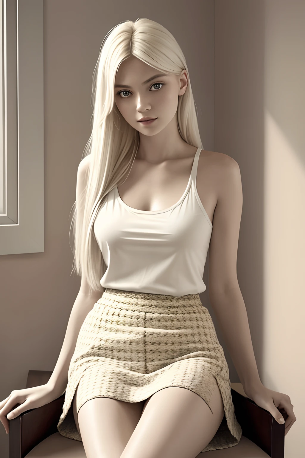 1girl in, age19, Solo, Aesthetic artwork, platinum blonde hair, long straight hair, detailed hair, full c cup breasts, c-cup, slender body, Full body, detailed skin texture, (extremely detailed 8k wallpaper), soft lighting, high quality, film grain, Fujifilm XT3 sharp focus, f 5.6, 50mm, High Detail, Sharp focus,(natural light), (seductive), sitting in a chair with a glass of wine, siting in a chair, sitting on chair, sitting in chair, in a comfortable chair, wearing tanktop, white tanktop, tight top, wearing skirt, bold geometric skirt, quilted skirt, Realistic, ultra realistic, photo realistic