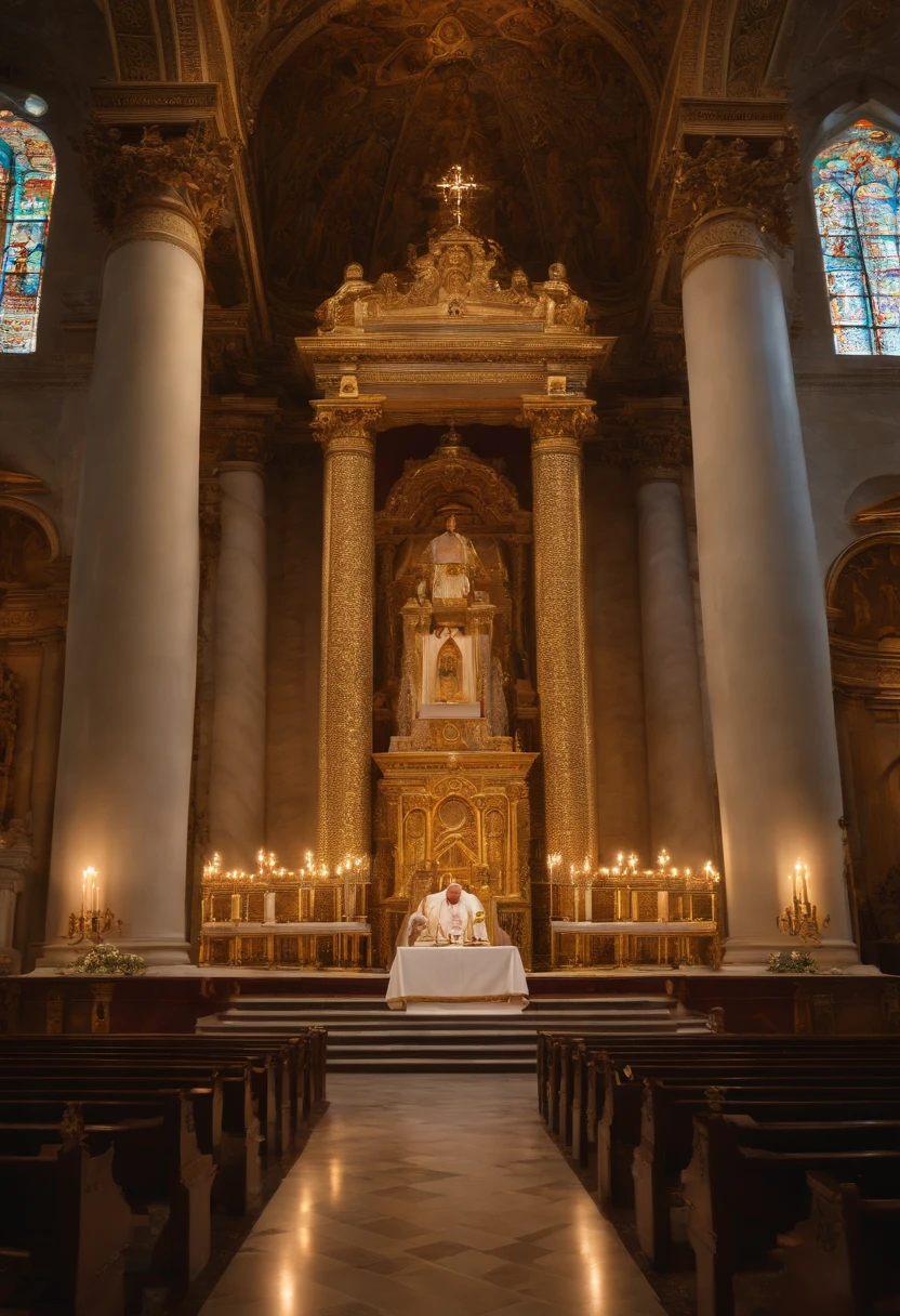 Pope Eugene III, realistic face, alta qualidade, 4k, olhos e rosto detalhados, mitra Papal, sentado em um trono com um altar tridentino de ouro ao lado, Richly decorated catholic church, vitrais, luz de velas piscando, Religious symbols, Tall Marble Columns, altar ornamentado, Atmosfera santa, cores vibrantes, soft lighting, majestic presence
