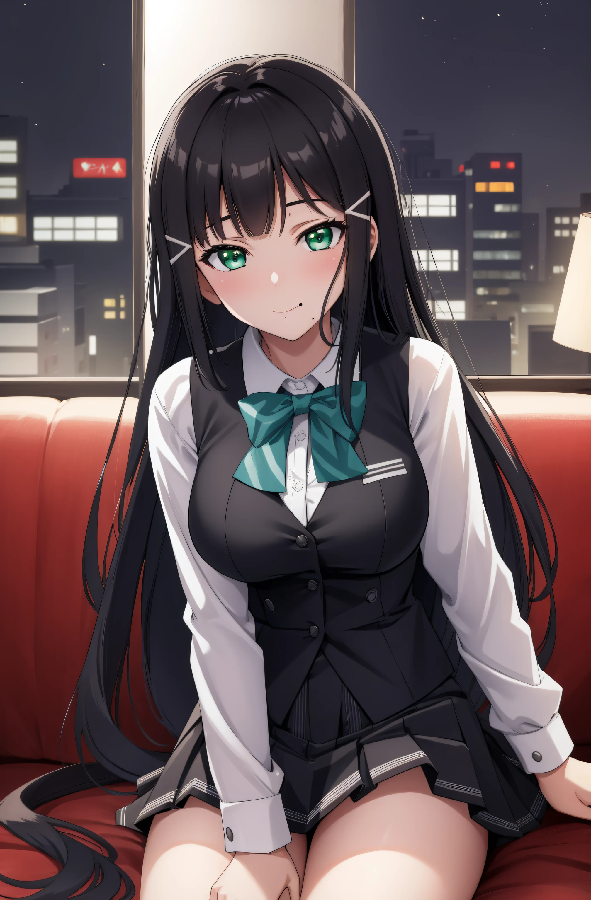 (Night:1.7), Cyberpunk_CityView, Before Window,
sitting at attention,sitting on couch,
wearing (school uniform, skirt, vest, yellow vest),
dia kurosawa, black hair, (green eyes:1.5), blunt bangs, grey skirt, hair ornament, hairclip, mole, mole under mouth, long hair,
1 girl, 20yo,young female,Beautiful Finger,Beautiful long legs,Beautiful body,Beautiful Nose,Beautiful character design, perfect eyes, perfect face,
looking at viewer, (innocent_big_eyes:1.0),(expressionless:1.3),seductive anime girl.teasing smile, 
NSFW,official art,extremely detailed CG unity 8k wallpaper, perfect lighting,Colorful, Bright_Front_face_Lighting,
(masterpiece:1.0),(best_quality:1.0), ultra high res,4K,ultra-detailed,
photography, 8K, HDR, highres, absurdres:1.2, Kodak portra 400, film grain, blurry background, bokeh:1.2, lens flare, (vibrant_color:1.2)
(Beautiful,medium_Breasts:1.4), (beautiful_face:1.5),(narrow_waist),(perfect hands, perfect anatomy)