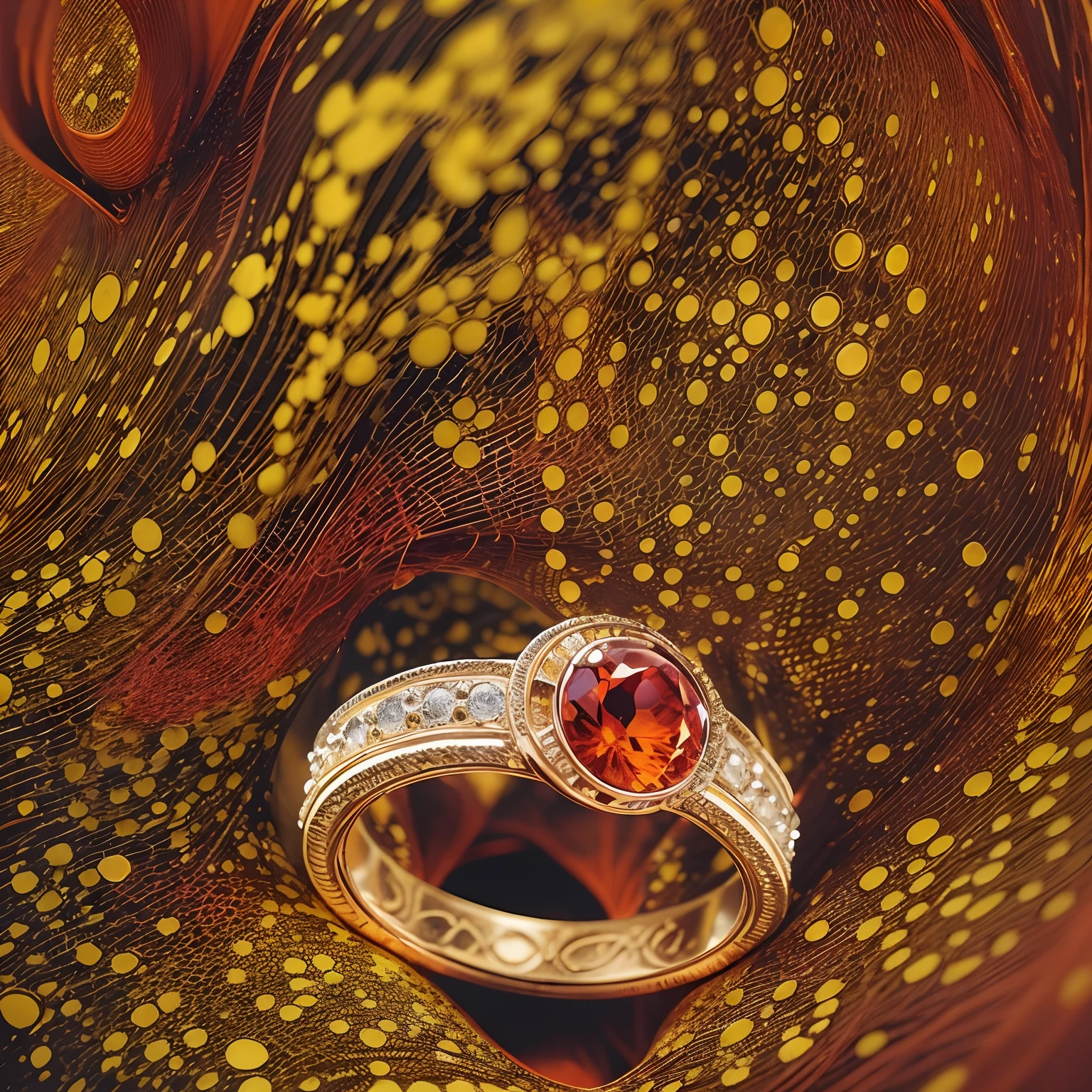 Masterpiece，highest  quality，(Nothing but the ring)，Masterpiece，highest  quality，Gold Ring in lava , Yayoi Kusama, abstract expressionism, A symbol of strength, Unique texture, fiery glow, intense heat, Close-up Shot Shot