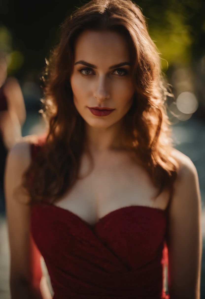 Femme aux Gros seins. Jeunes cheveux couleur rubis. Belle jeune femme.